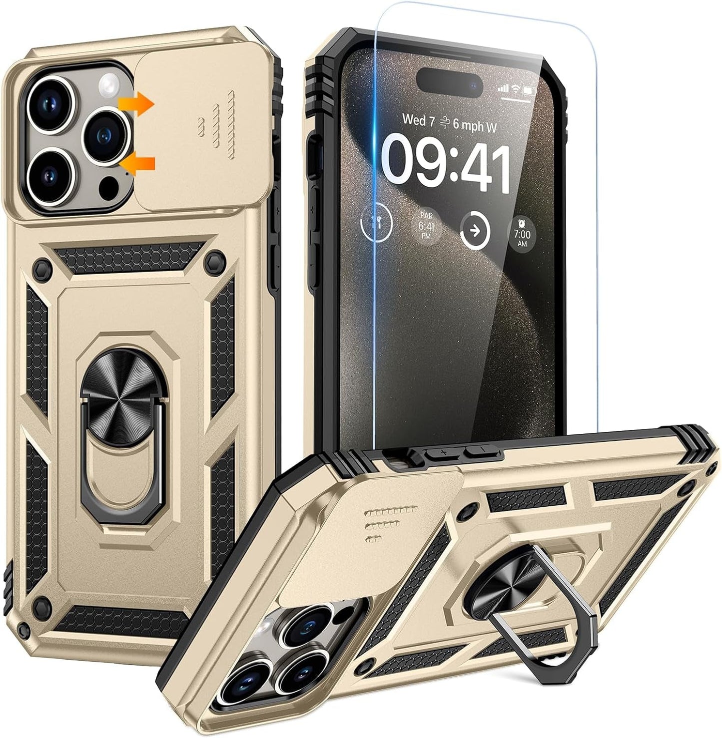 Goton for Iphone 14 Pro Case with Screen Protector - Slide Camera Cover Phone Case with Ring Stand, Heavy Duty Military Grade Shockproof Rugged Bumper for Iphone 14 Pro Accessories Dark Purple  Yin-Goton Gold Only For Iphone 15 Pro 