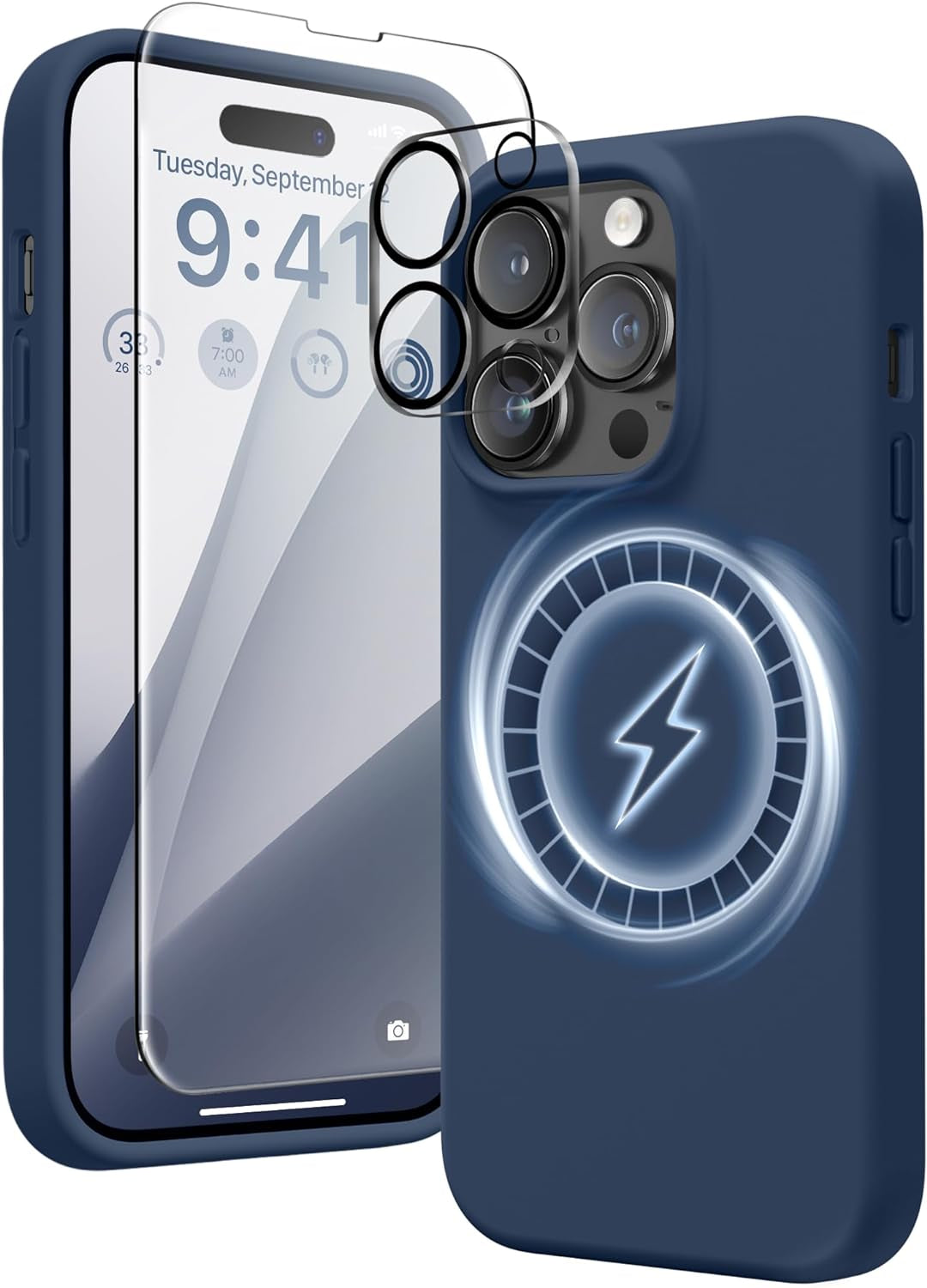 GONEZ for Iphone 14 Pro Max Case Silicone, Compatible with Magsafe, with 2X Screen Protector + 2X Camera Lens Protector, Liquid Silicone Shockproof Protective Iphone 14 Promax Case, Blue  GONEZ   