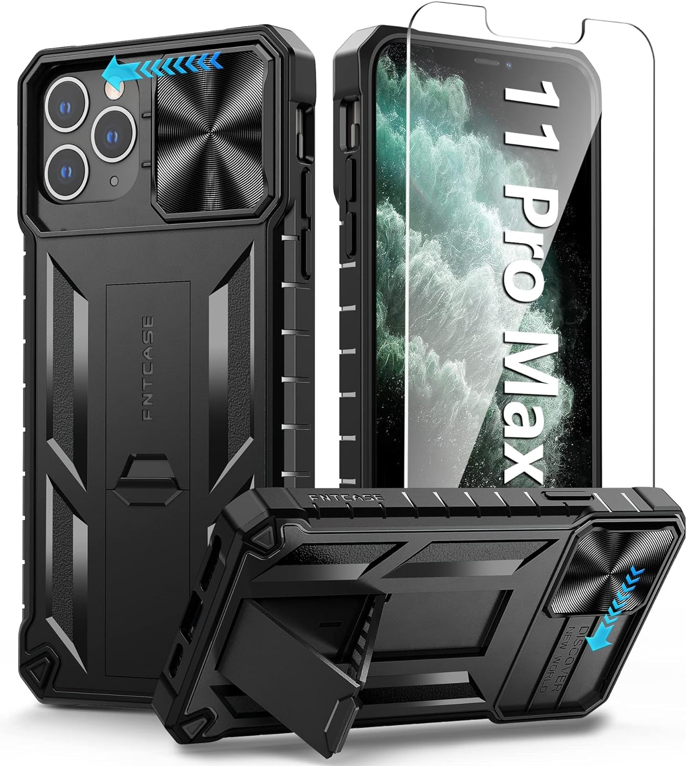 FNTCASE for Iphone 15 Pro Case: Military Grade Drop & Shock Protection Cell Phone Cover with Kickstand & Slide | Rugged Protective Bumper Textured | Heavy Duty Protector(Blue)  FNTCASE Black For Iphone 11 Pro Max (6.5 Inch) 
