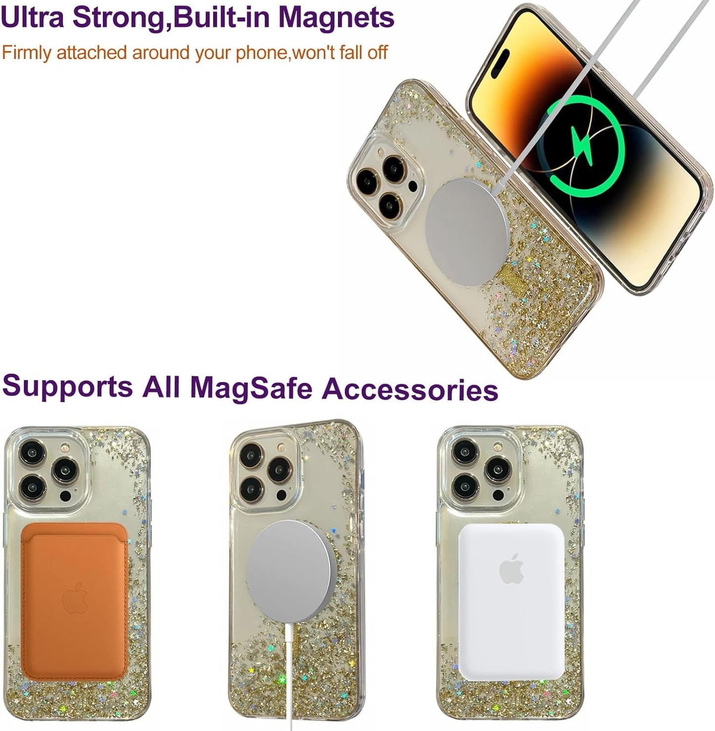 ASONCE Cute Glitter for Iphone 14 Pro Max Case [Compatible with Magsafe] Magnetic Cover with Bling Star for Women Girls [12FT Drop Protection] - Sparkly Gold  Hiwuton   