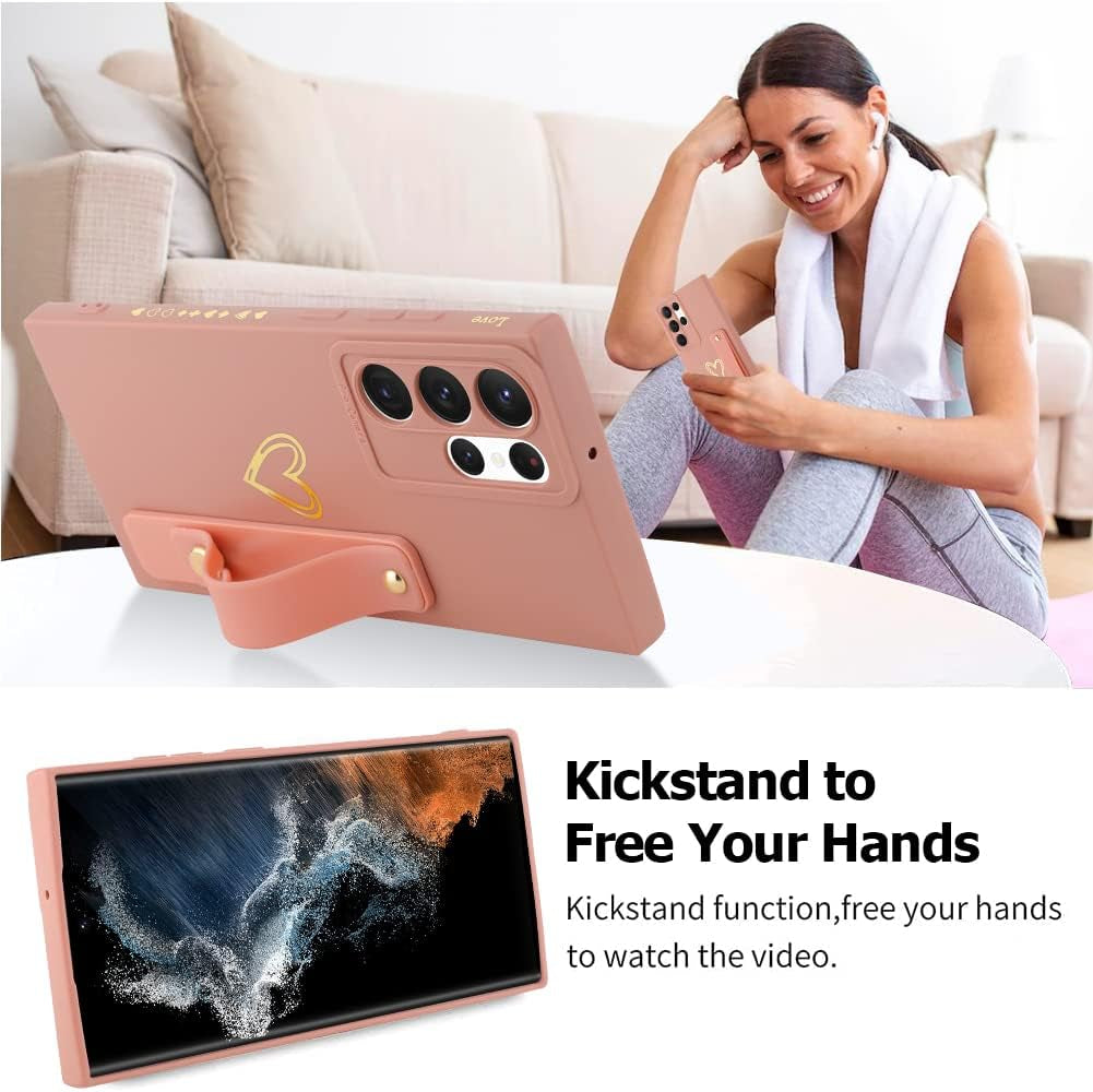 Fiyart Designed for Galaxy S22 Ultra Case with Phone Stand Holder Cute Love Hearts Pattern Slim Protective Camera Protection Cover with Wrist Strap for Women Girls for Galaxy S22 Ultra 6.8"-Pink