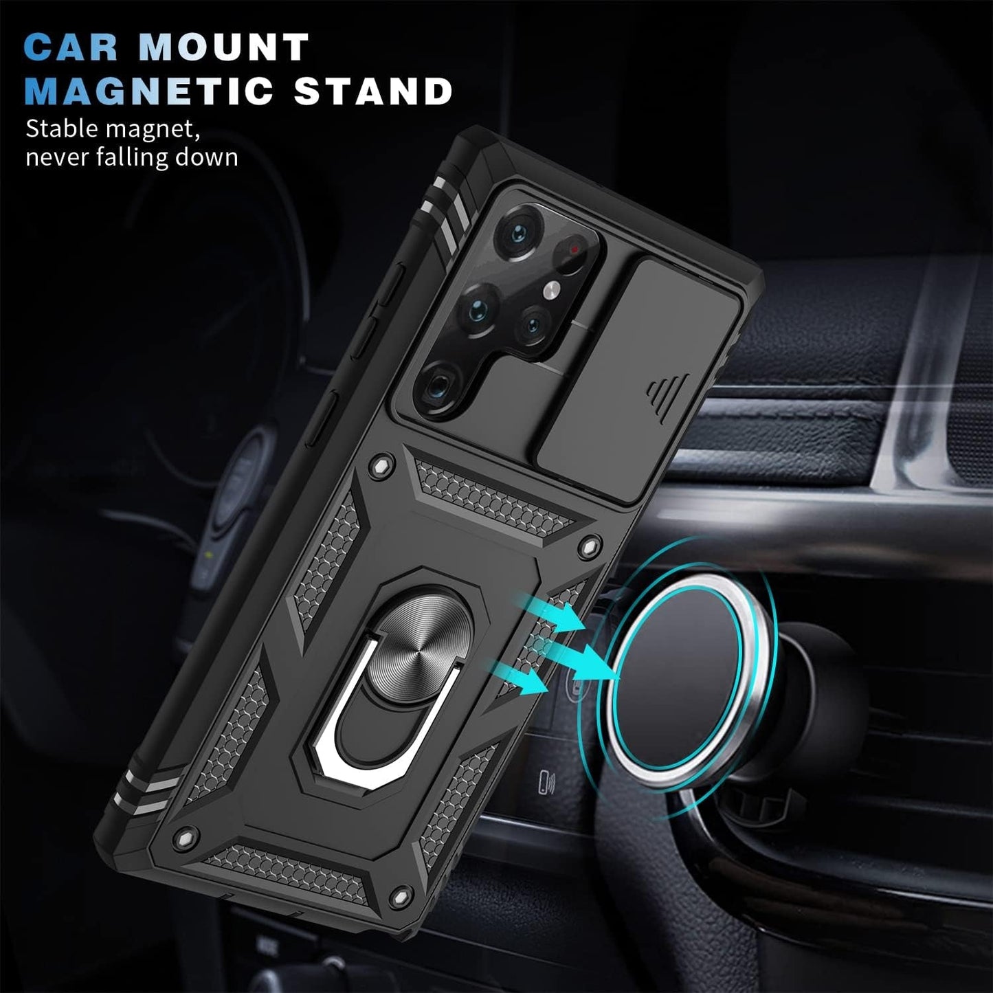 For Samsung Galaxy S22 Ultra Case with Slide Camera Cover & Screen Protector*2, S22 Ultra Case Build in 360° Rotating Ring Kickstand, Military Grade Protective Case for Galaxy S22 Ultra Case, Black