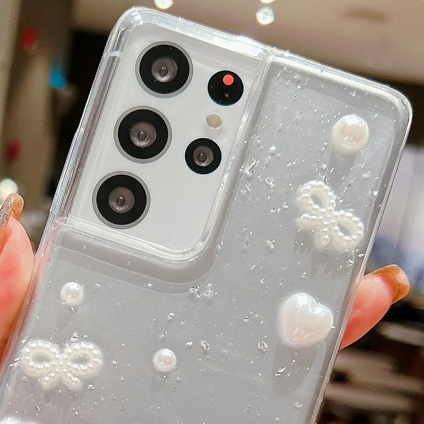 For Samsung Galaxy S21 Ultra Clear Case Cute 3D Pearl Bow Knots Heart with Design Aesthetic Women Phone Case for Girls, Glitter Sparkle Back Shockproof Soft TPU Bumper Cover