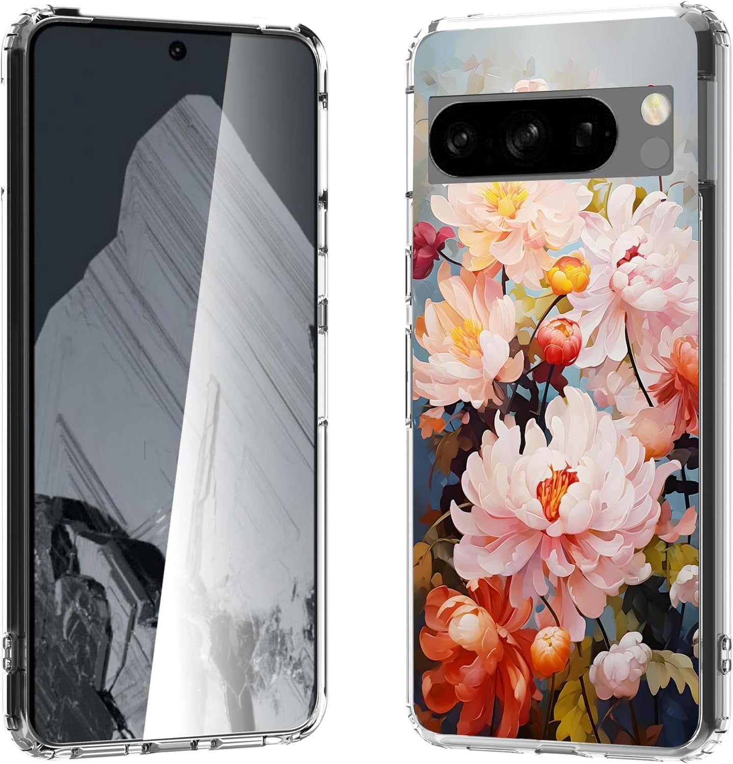 For Google Pixel 8 Clear Case with 3D Flower Printing Design, TPU+PC Slim Shock-Proof Protective Floral Cover for Women Girls, 6.2“ (Pic 5)  YIKECASE A-2 Google Pixel 8 Pro 