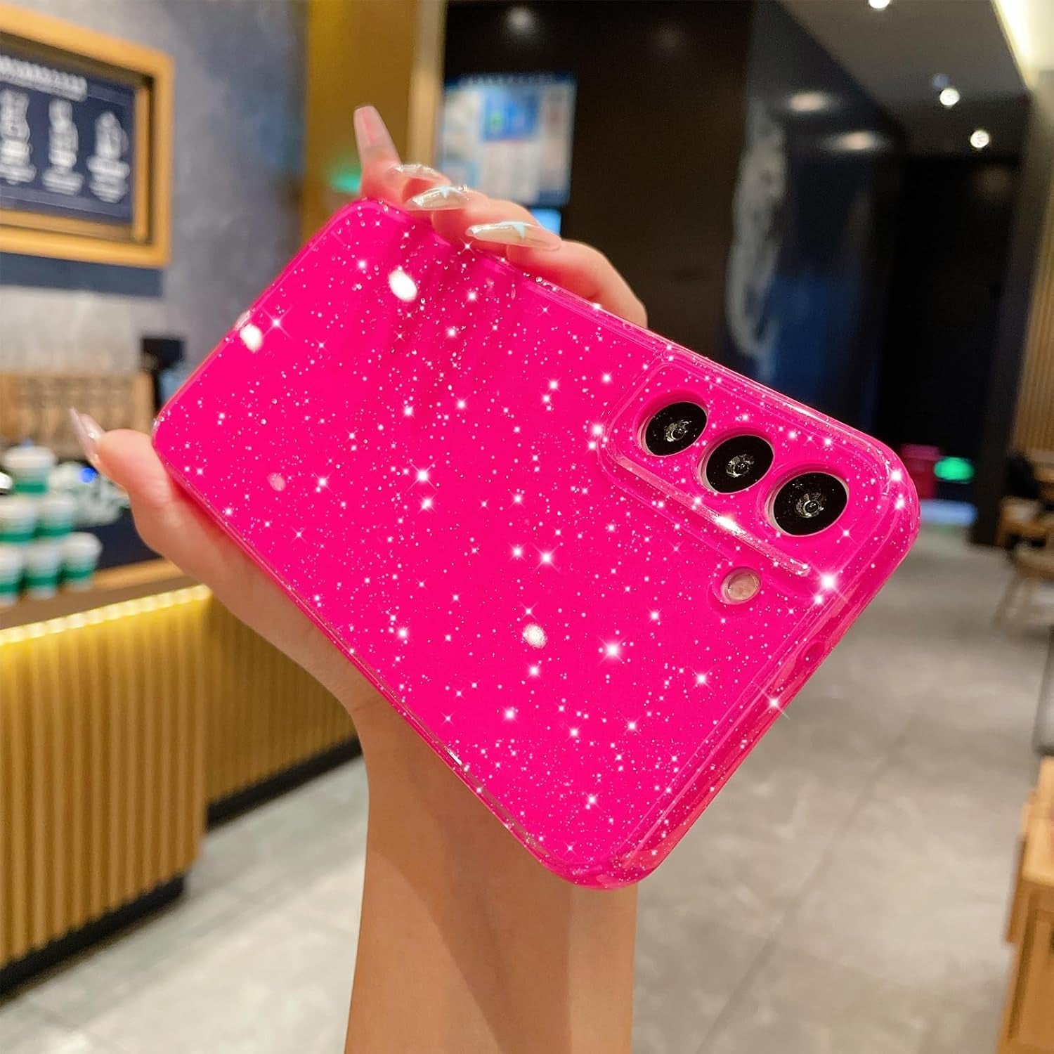 Cute Glitter Case for Samsung Galaxy S22 plus Case S22+ (6.6 Inch), Neon Bright Sparkly Bling Soft Silicone Phone Cover for Women Girls (Hot Pink)