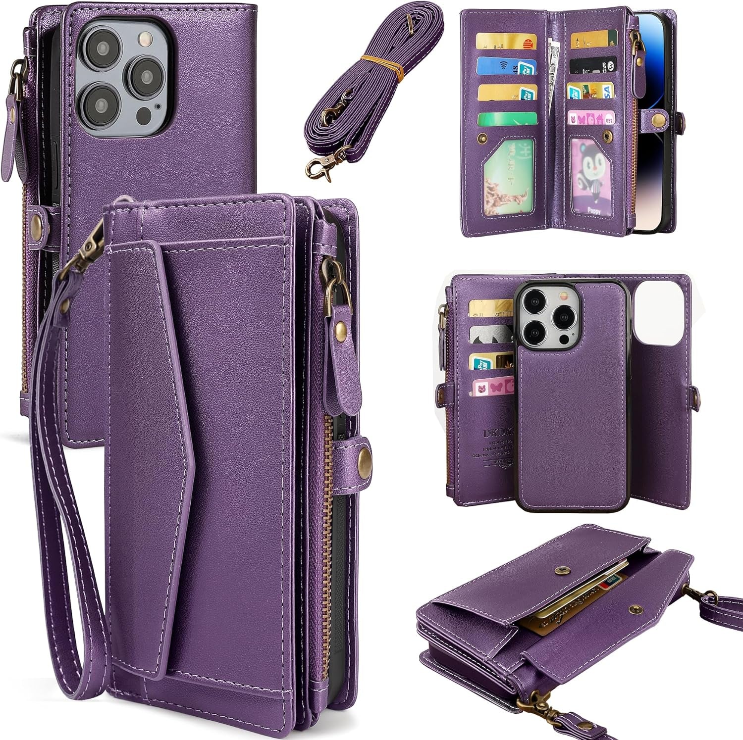 DKDKSIP for Iphone 15 Pro Wallet Case for Women, Support Wireless Charging with RFID Blocking Card Holder, PU Leather Zipper Wallet Detachable Magnetic Phone Case with Crossbody Strap, Pink  DKDKSIP Purple Iphone 15 Pro 