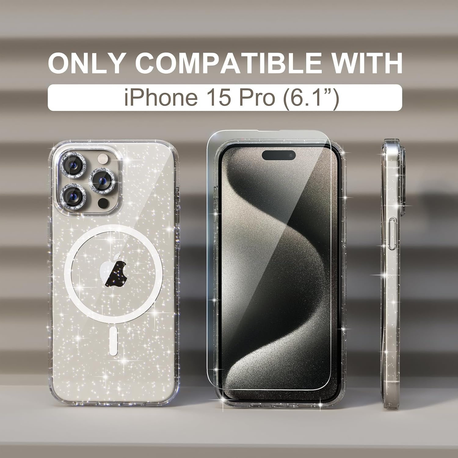 Choiche for Iphone 15 Pro Case Magnetic, Women Clear Glitter Bling Sparkly Case, [3Xdiamond Camera Lens Protectors] [2Xtempered Glass Screen Protectors] [Compatible Magsafe] (Glitter Clear)  Choiche   