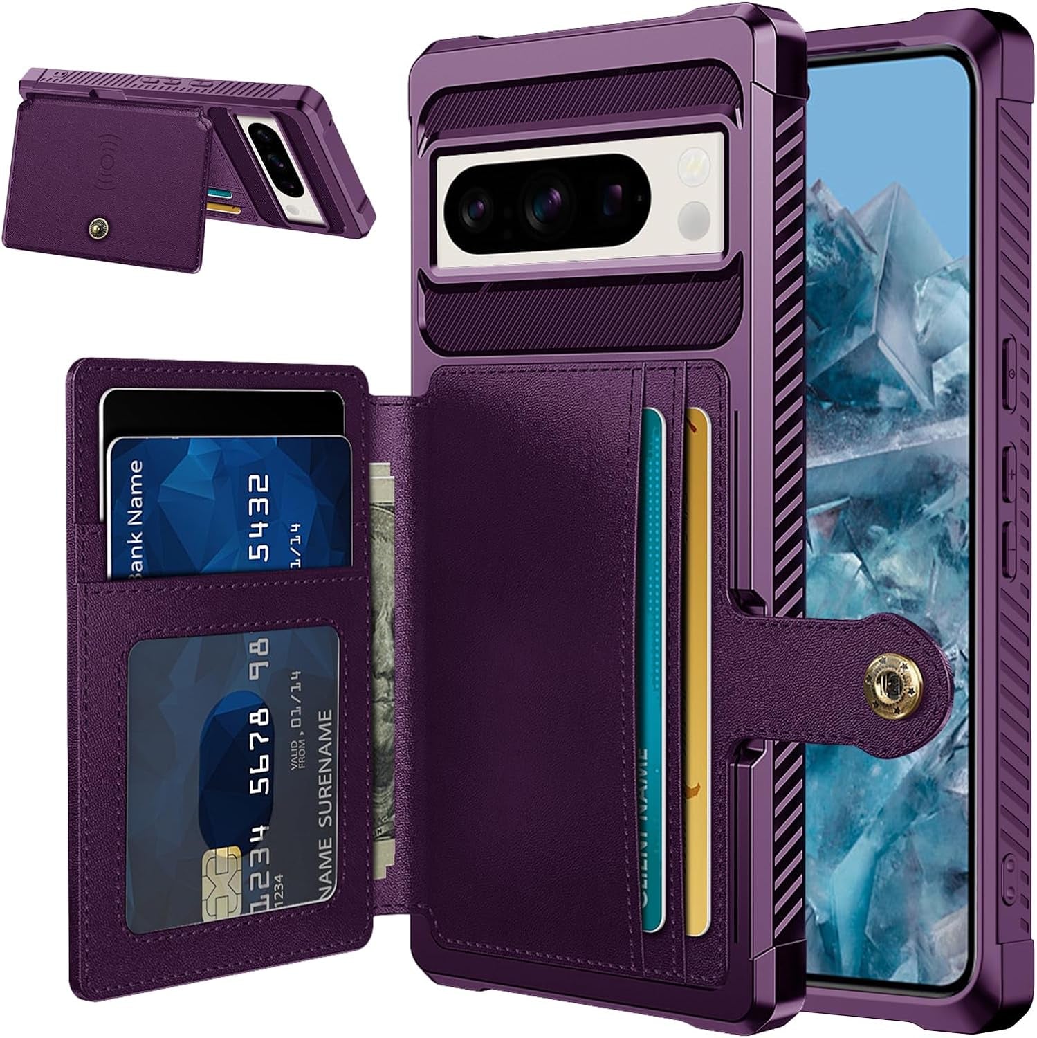For Google Pixel 8 Pro Case with Card Holder(5 Cards), Google 8 Pro Wallet Case Built-In Kickstand Magnetic Flip Snap Soft TPU+PU Leather Durable Shockproof Case for Google 8 Pro (Black)  GooseBox Purple Google Pixel 8 Pro 
