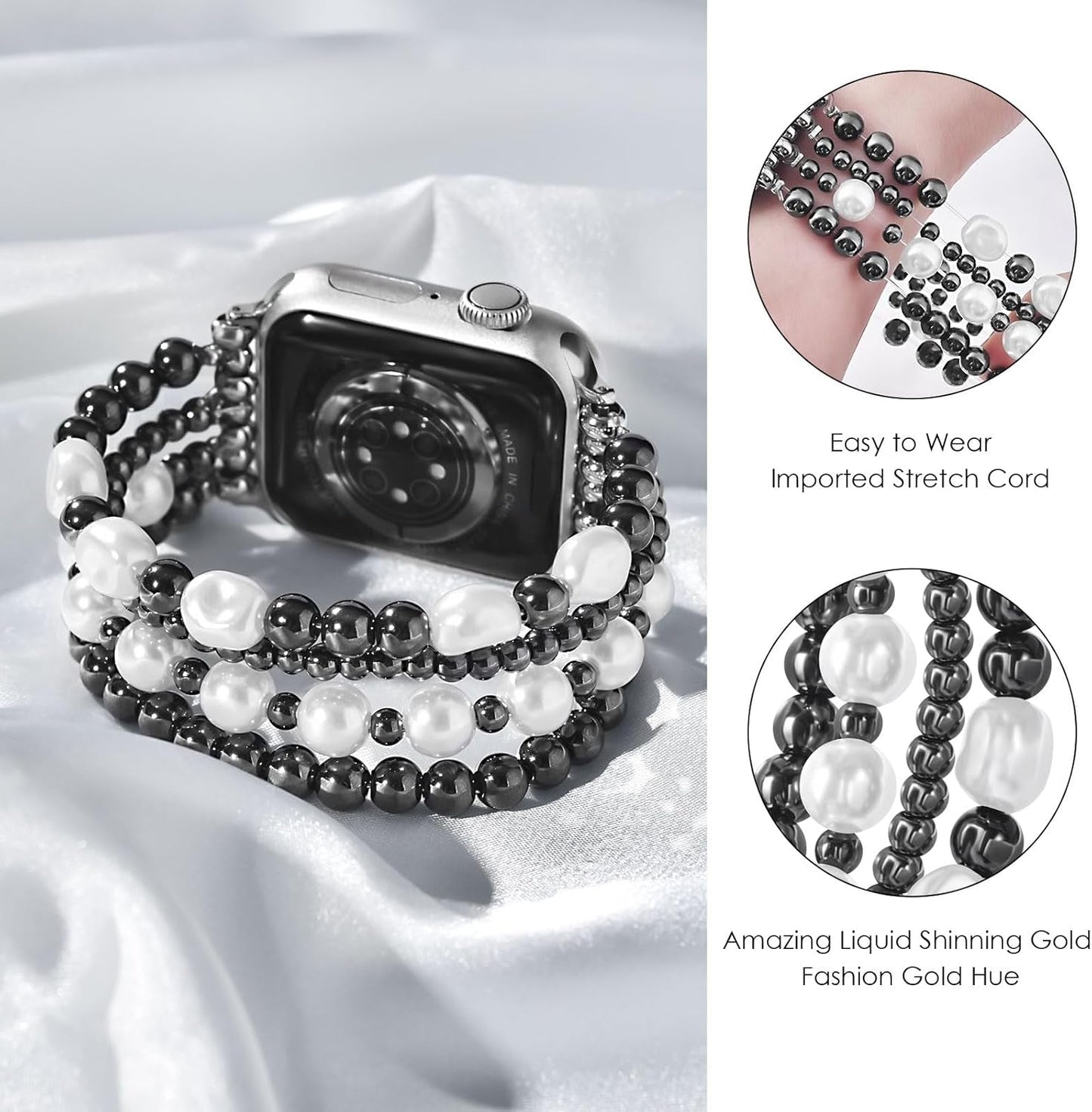 AIRSPO Gold Beaded Bracelets Compatible for Apple Watch Band 38Mm 40Mm 41Mm 42Mm 44Mm 45Mm Women, Fashion Handmade Dressy Iphone Watch Bands Elastic Strap for Iwatch Series SE 8 7 6 5 4 3 2 1