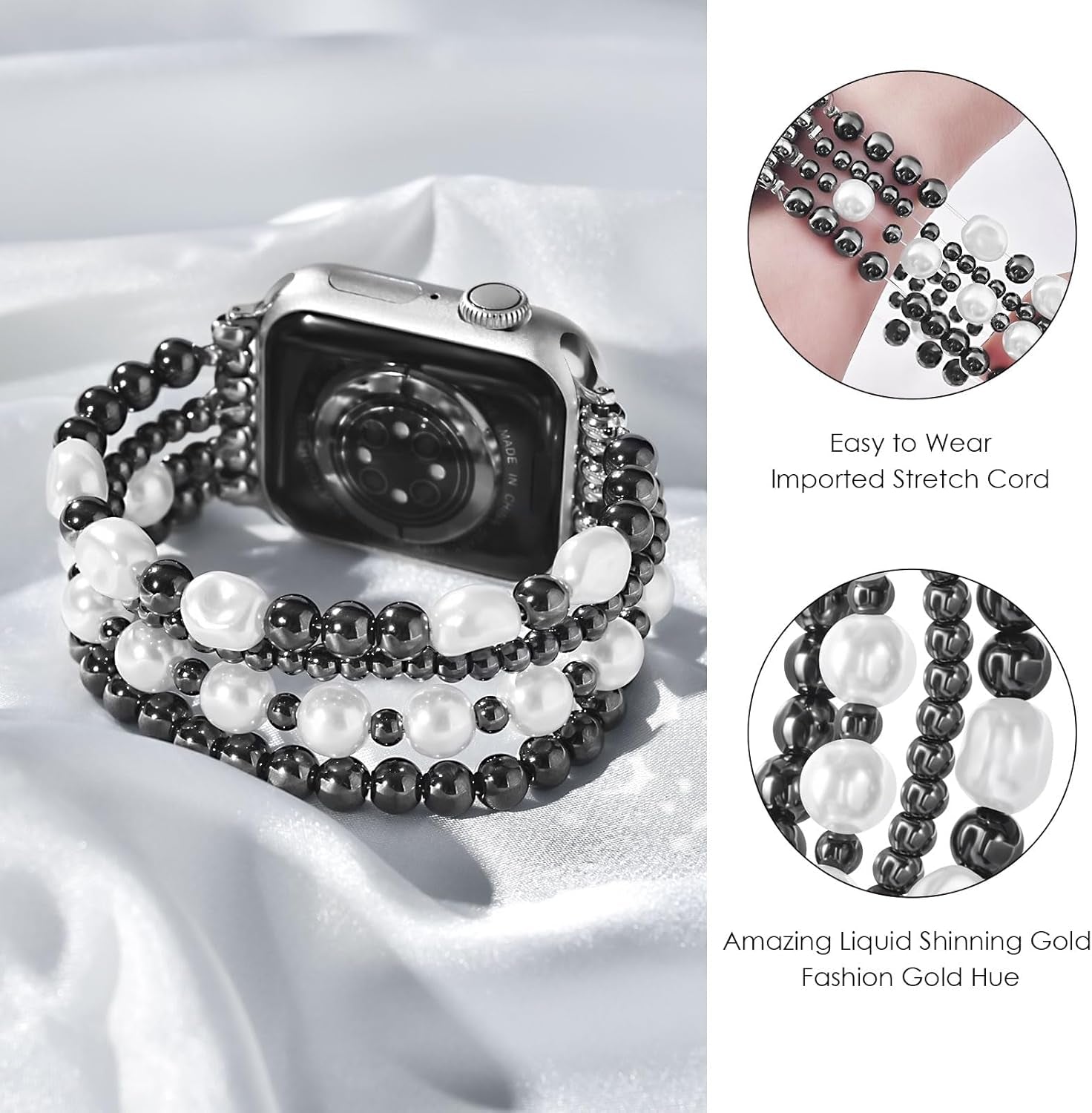 AIRSPO Gold Beaded Bracelets Compatible for Apple Watch Band 38Mm 40Mm 41Mm 42Mm 44Mm 45Mm Women, Fashion Handmade Dressy Iphone Watch Bands Elastic Strap for Iwatch Series SE 8 7 6 5 4 3 2 1