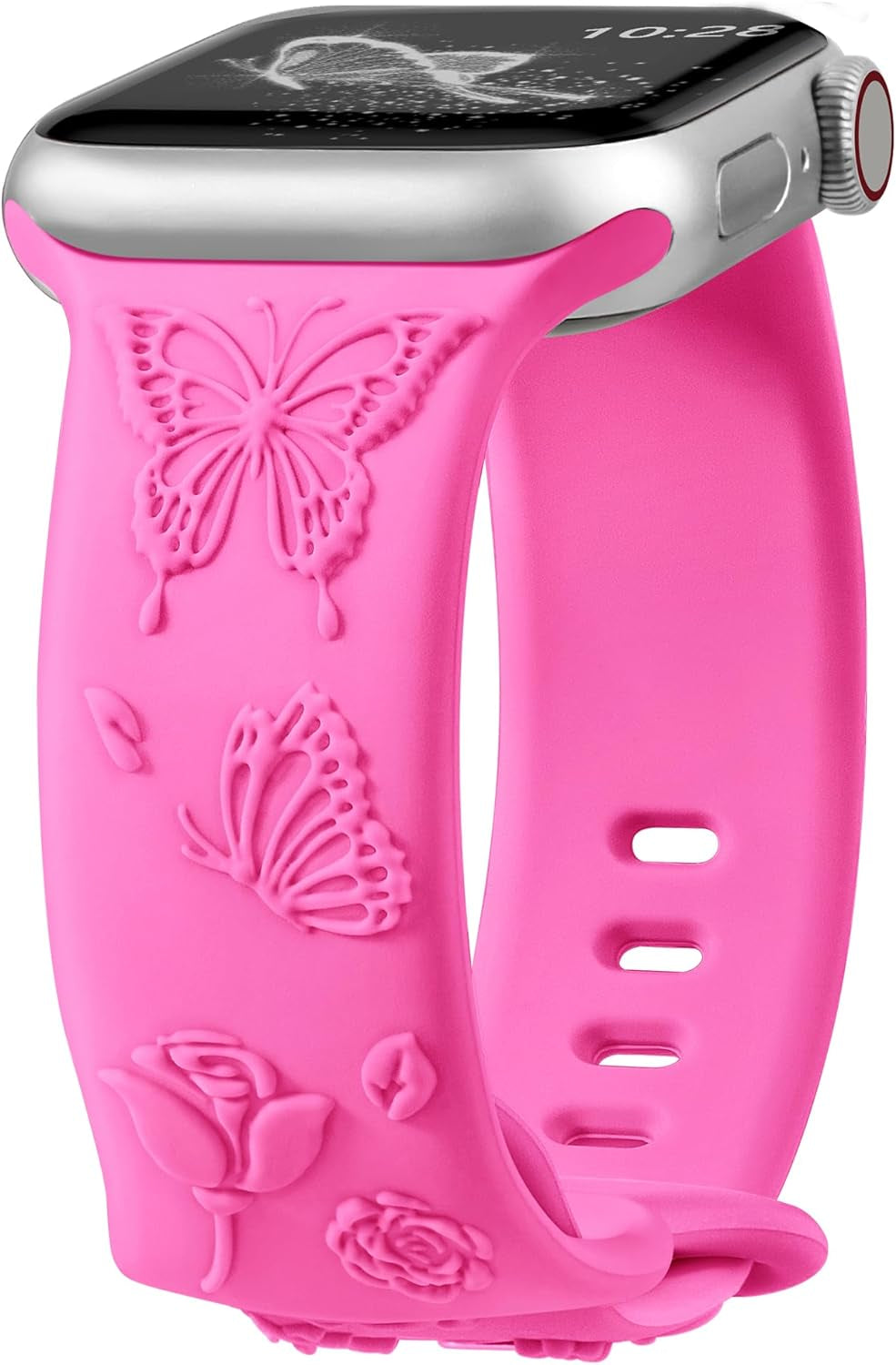 Floral Butterfly Engraved Band Compatible with Apple Watch Bands for Women 40Mm 41Mm 38Mm, Soft Silicone Sport Iwatch Bands for Apple Watch Series 9 Band SE Series 8 7 6 5 4 3 2 1-White