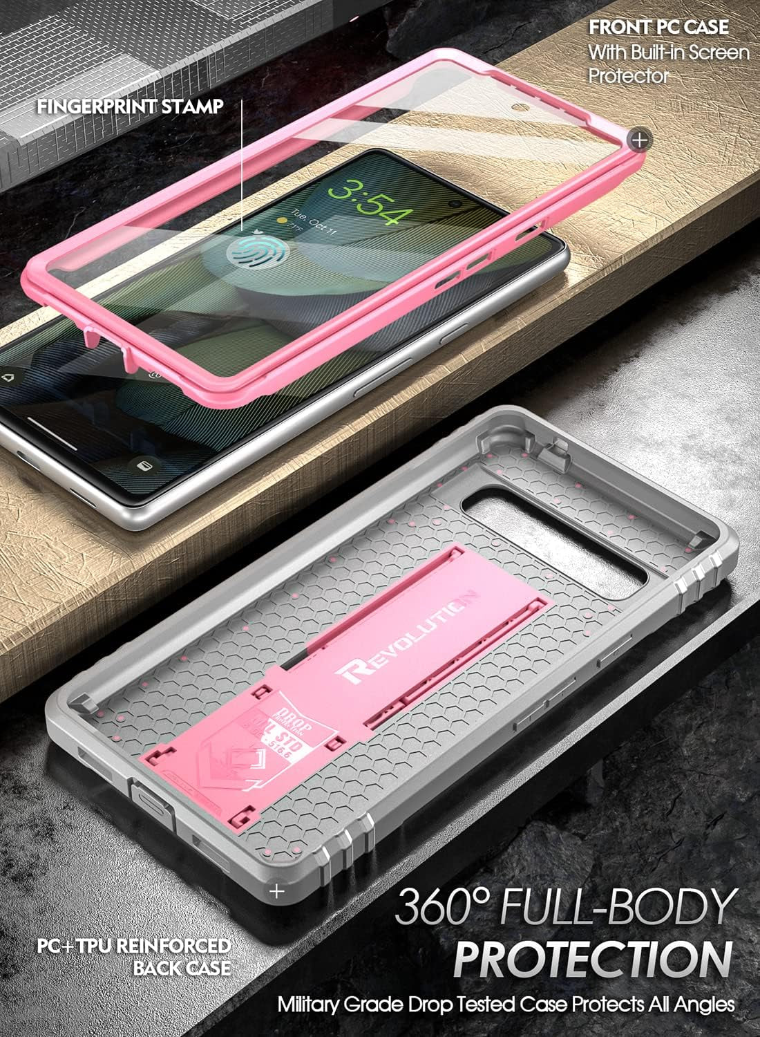 Poetic Revolution Case for Google Pixel 7A 5G, Built-In Screen Protector Work with Fingerprint ID, Full Body Rugged Shockproof Protective Cover Case with Kickstand, Light Pink  Poetic   