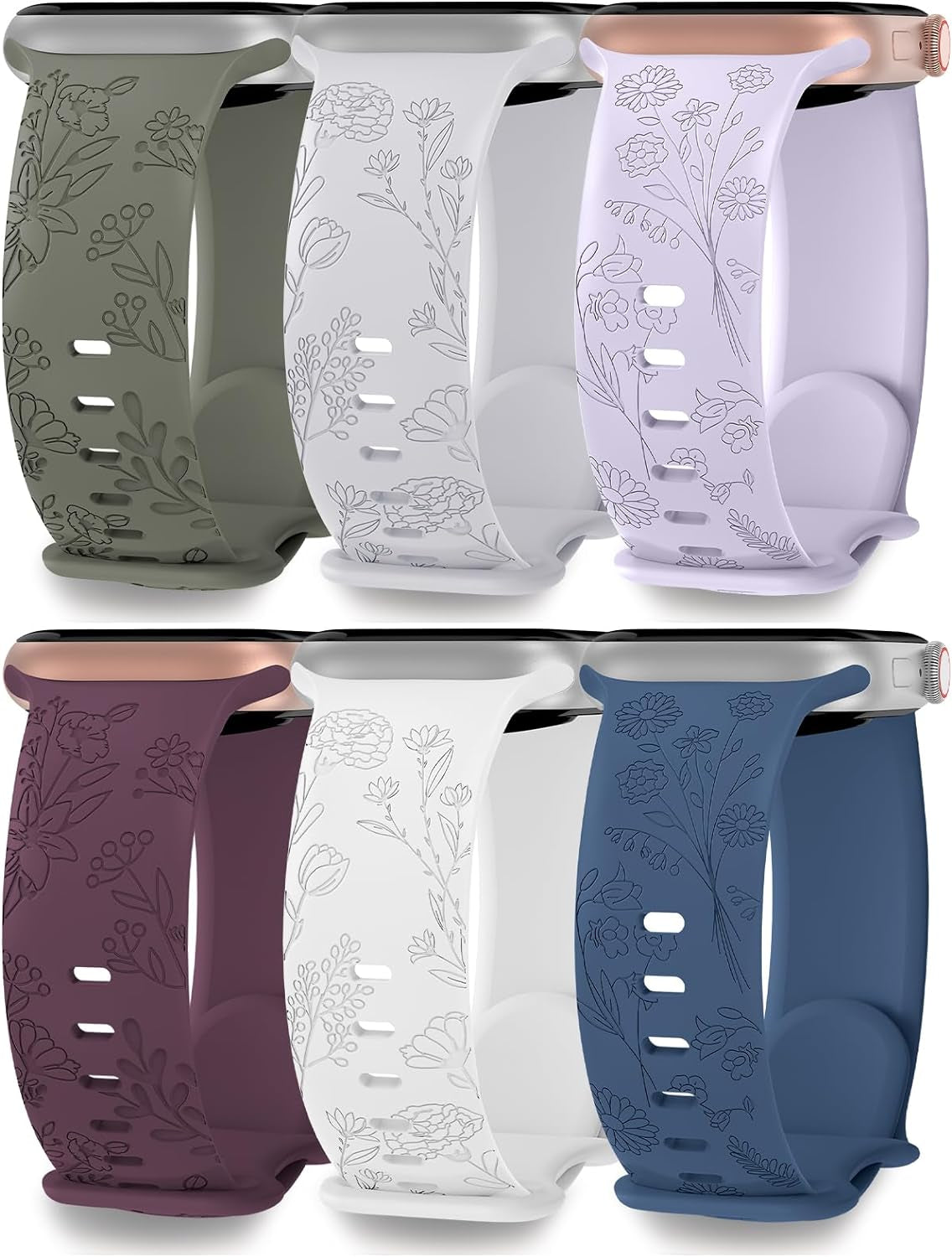 6 Pack Floral Engraved Compatible for Apple Watch Band 38Mm 40Mm 41Mm 42Mm 44Mm 45Mm 49Mm Women, Soft Silicone Cute Flower Sport Strap for Iwatch Bands Series 9 8 7 SE 6 5 4 3 2 1 Ultra
