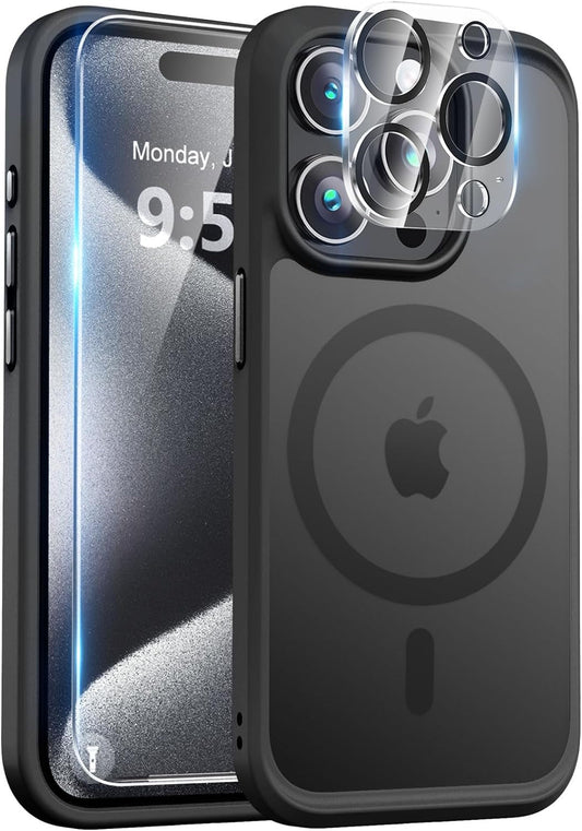 Bosskiss Ultra Strong Magnetic for Iphone 15 Pro Case, [Compatible with Magsafe] [Glass Screen + Camera Protector] Slim Translucent Matte Shockproof Case for Iphone 15 Pro Case 6.1 Inch, Black  BossKiss   