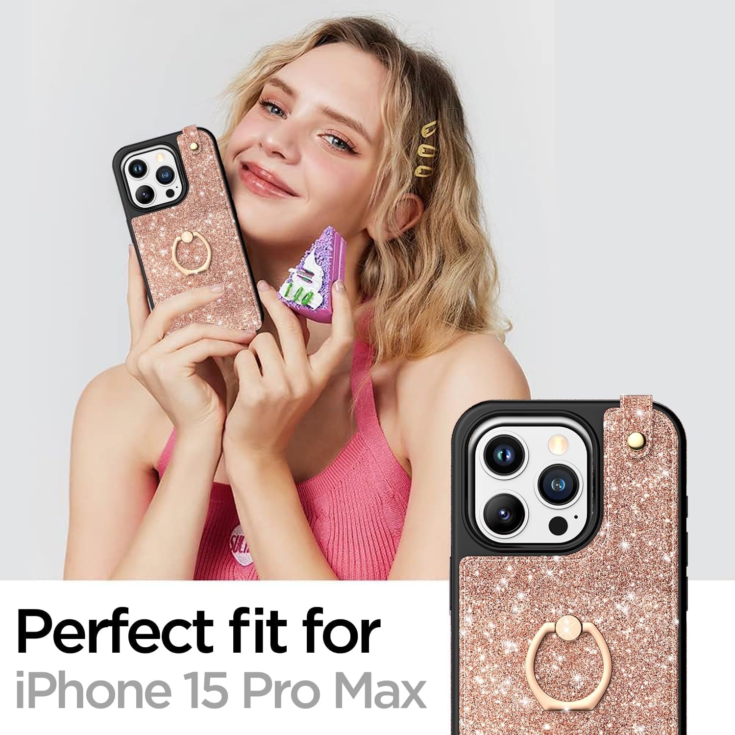 Aicase Card Holder Case Compatible with Iphone 15 Pro Max, Wallet Phone Case Glitter Sparkly Protective Cover for Women with Ring Kickstand and 8 Credit Card Slots, Rose Gold  AICase   