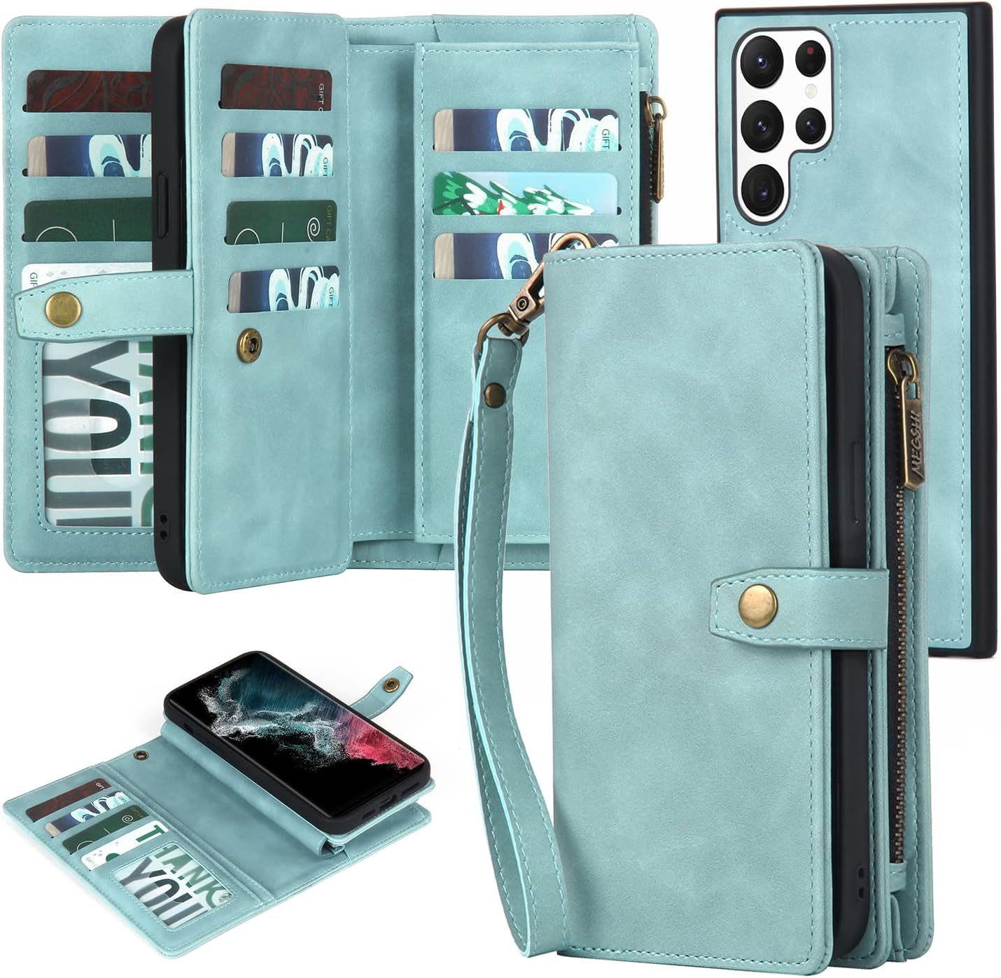 For Samsung Galaxy S22 Ultra Wallet Case with Card Holder & Detachable Magnetic Phone Case, Leather All-Round Protection Wallet Phone Case for Women Men,6.8In,Black