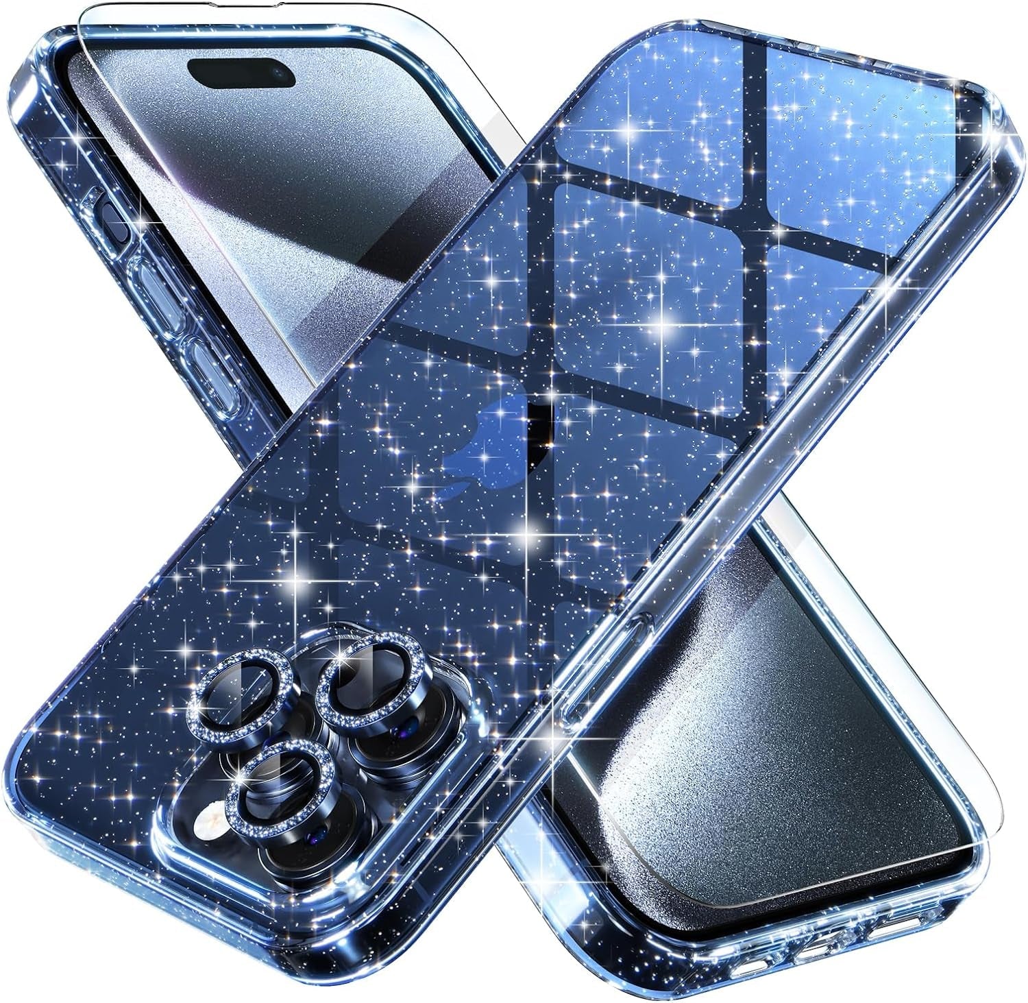 Choiche Compatible for Iphone 15 Pro Case, Women Cute Clear Glitter Bling Sparkly Case, [3 X Diamond Camera Lens Protectors] [2 X Tempered Glass Screen Protectors] 6.1-Inch (Glitter Clear)  Choiche Glitter Blue  