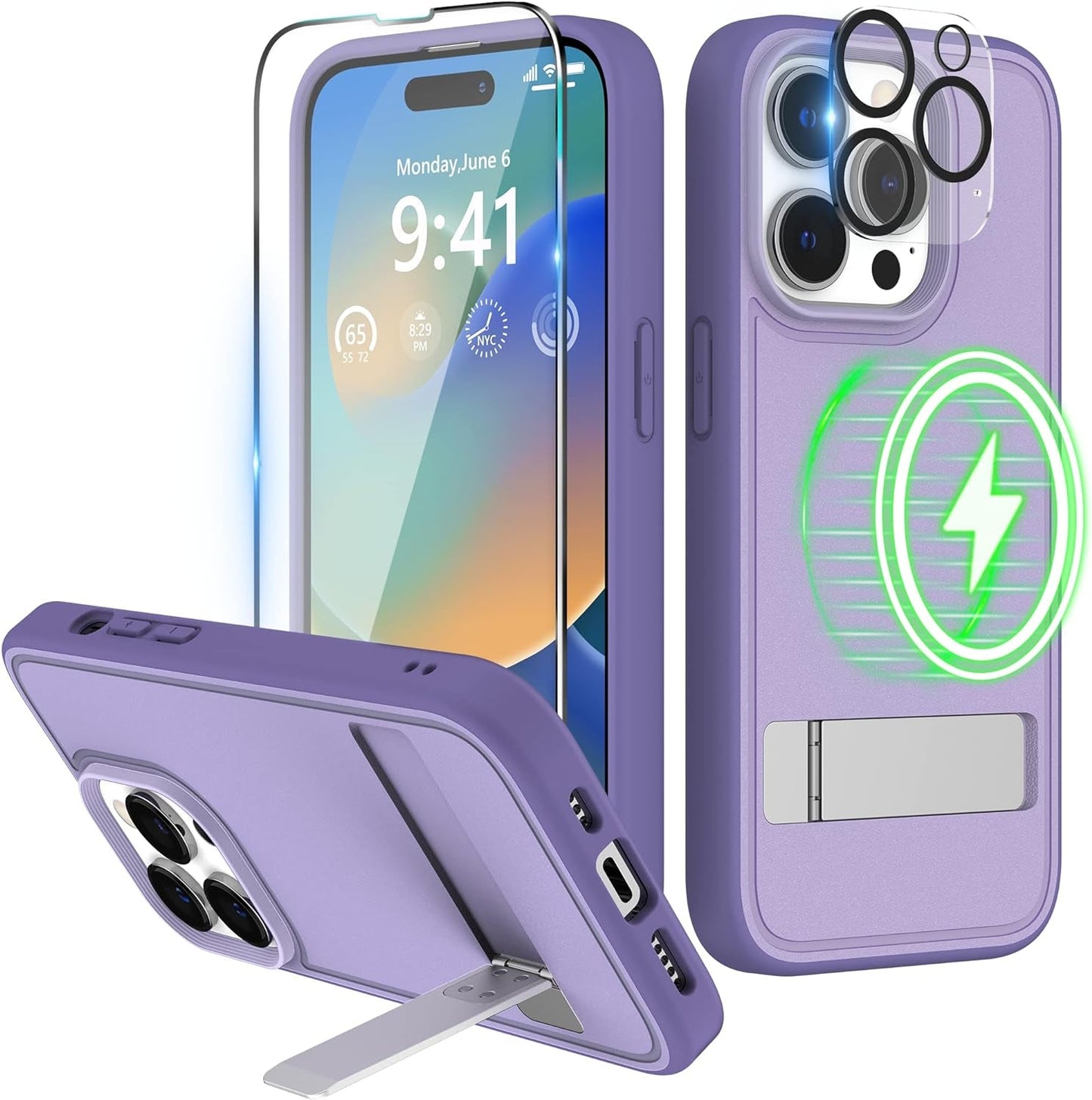 Niunisi Magnetic Case for Iphone 14 Pro Case 6.1-Inch (2022), Slim Kickstand with Screen Protector Compatible with Magsafe Shockproof Translucent Matte Cases Phone Case Cover, Black  Niunisi Purple  