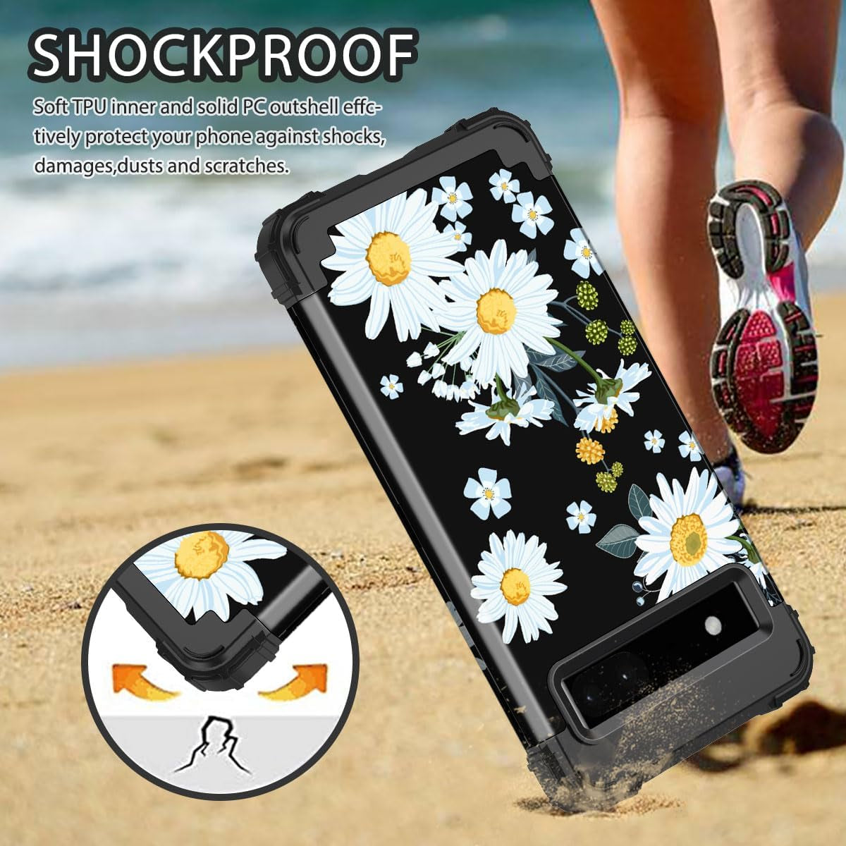 Hekodonk for Google Pixel 6 Case,Heavy Duty Shockproof Protection Hard Plastic+Silicone Rubber Hybrid 3 in 1 Drop Protective Case for Google Pixel 6 Black Flower  Hekodonk   