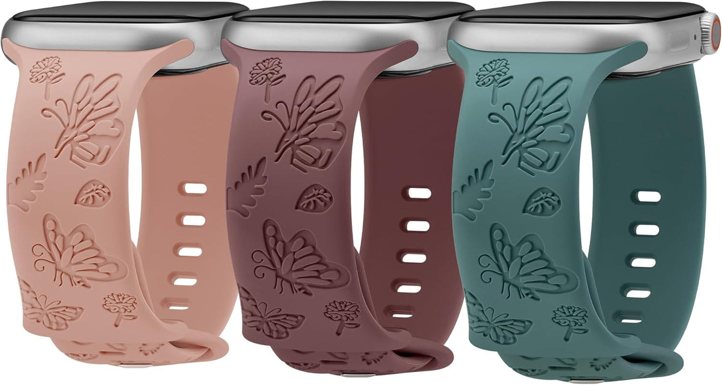 3 Pack Butterfly Floral Engraved Silicone Apple Watch Bands for Women - Soft, Sporty, and Stylish, Fits 38Mm-49Mm Apple Watch/Iwatch Series Ultra/Ultra 2/SE/9/8/7/6/5/4/3/2/1