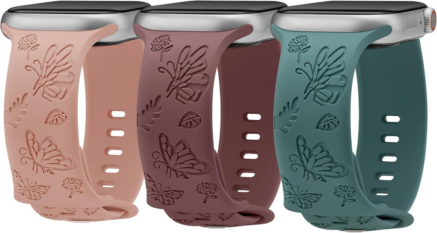 3 Pack Butterfly Floral Engraved Silicone Apple Watch Bands for Women - Soft, Sporty, and Stylish, Fits 38Mm-49Mm Apple Watch/Iwatch Series Ultra/Ultra 2/SE/9/8/7/6/5/4/3/2/1