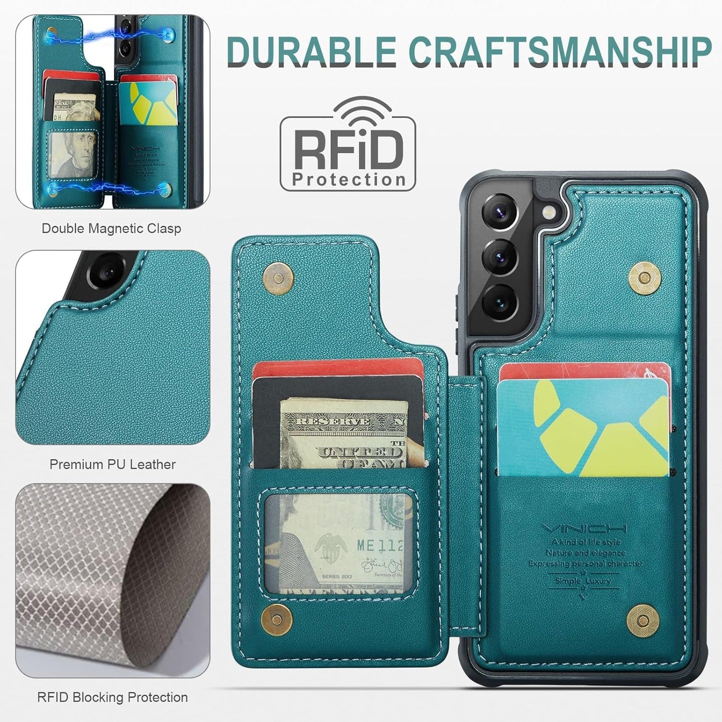 For Samsung Galaxy S22 Case with Card Holder, for Samsung S22 Wallet Case for Women Men with RFID Blocking, Durable Kickstand Shockproof Phone Case for Galaxy S22 5G, Bluish Green