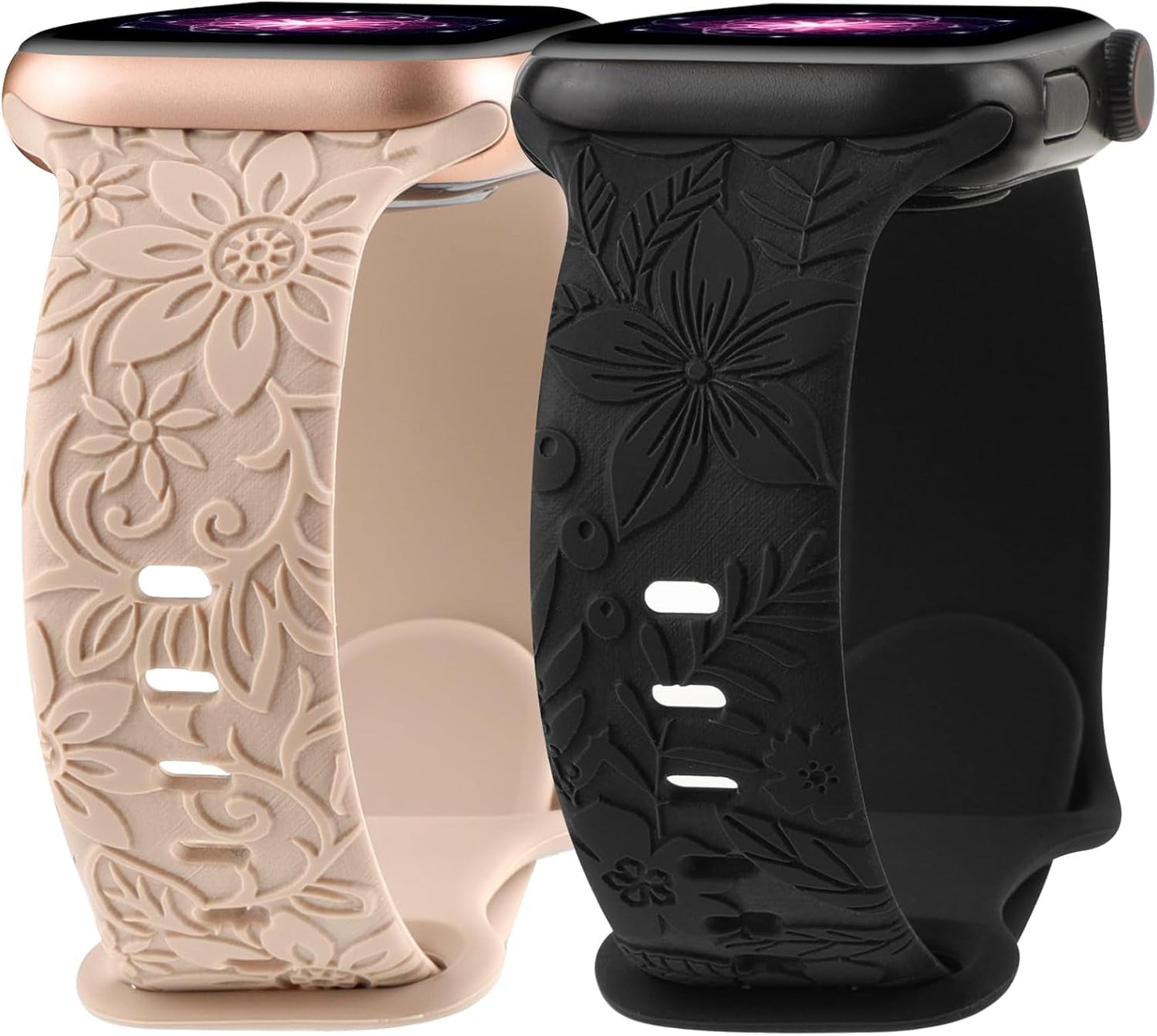 Floral Engraved Band Compatible with Apple Watch Bands 40Mm 41Mm 38Mm 42Mm 44Mm 45Mm 49Mm Women, Cute Soft Flower Silicone Designer Sport Strap for Iwatch Ultra 2 SE Series 9 8 7 6 5 4 3 2 1