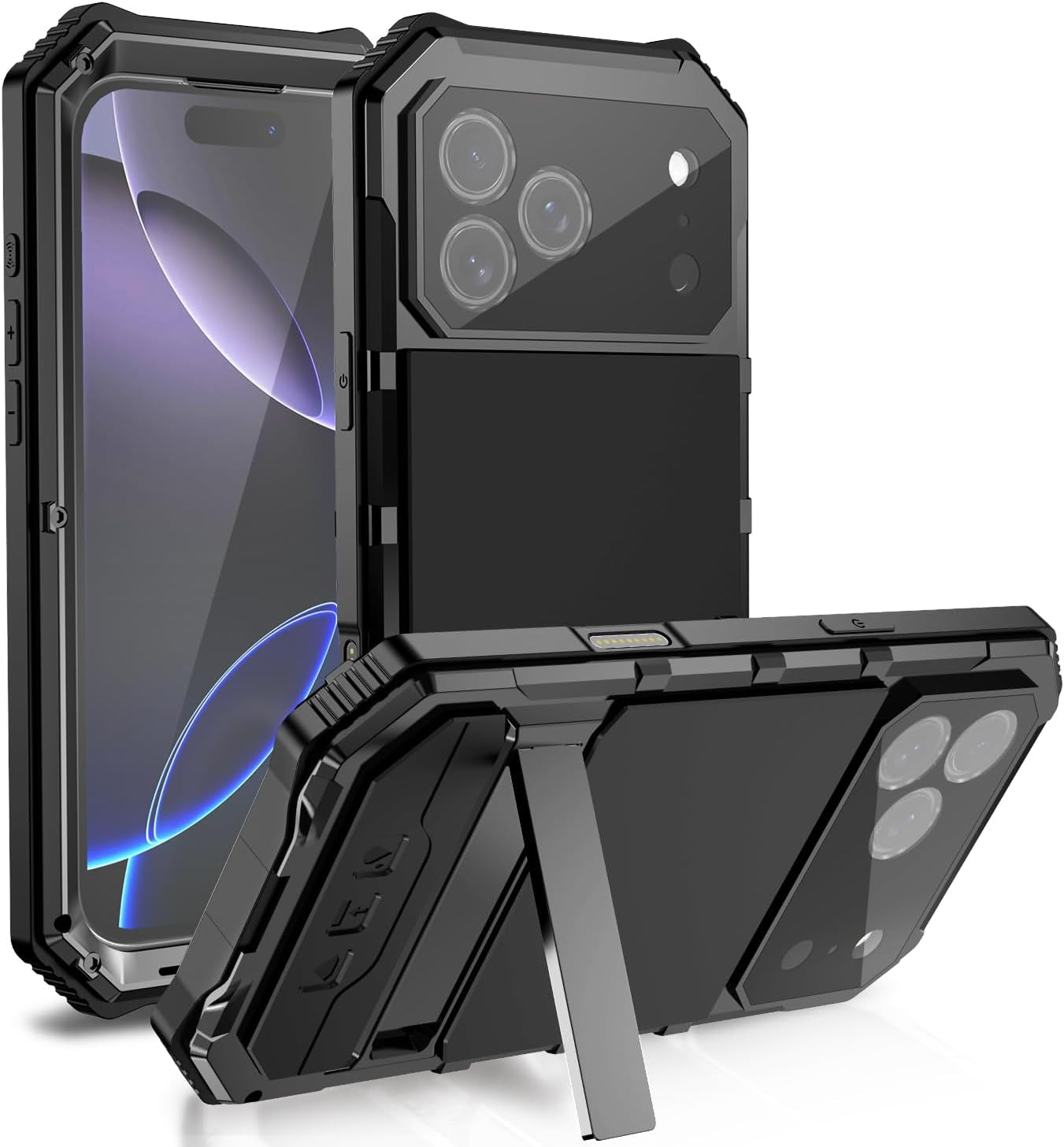 Military Metal Heavy Duty Case Compatible with Iphone 17 Pro Max, Drop Protection Rugged Defender Metal Bumper Screw Case with Stand Gorilla Glass Camera Cover Full Body Dustproof Black