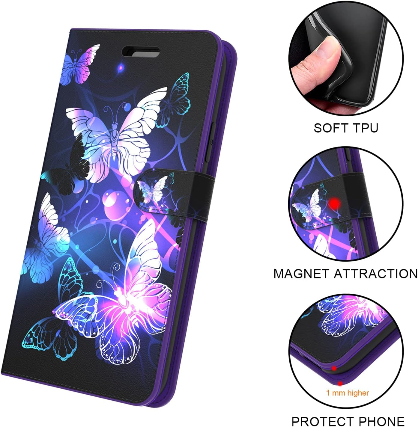 Encases Wallet Case with Hand Strap for Samsung A53 5G,PU Leather Clip Flip Phone Case Cover with ID Card,Credit Card Pocket Holder (Stand Feature),Purple Butterfly Case for Samsung Galaxy A53 5G 2022