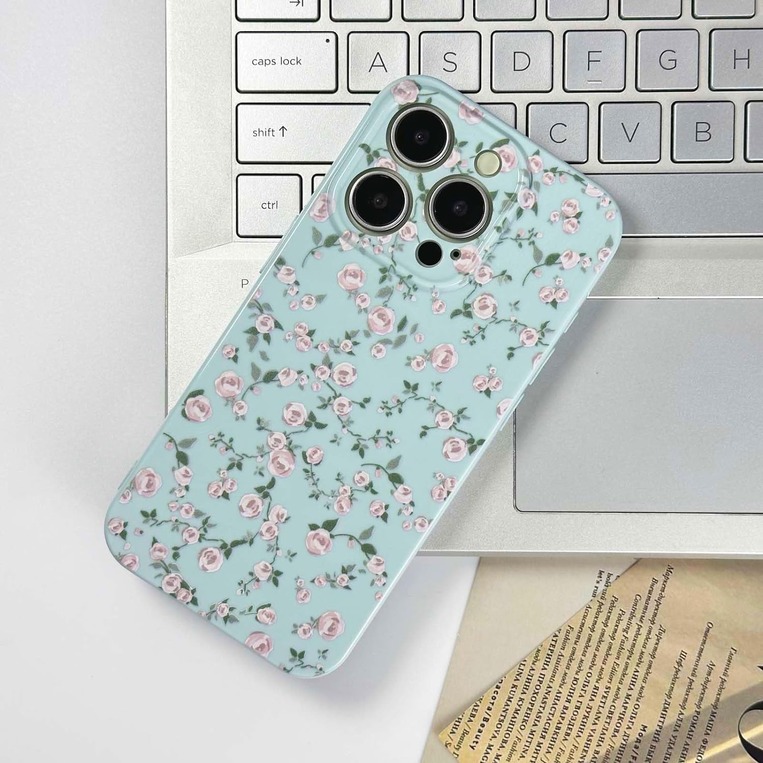 DYFYFKDI Floral Case for Iphone 15 Pro Cute Flower Rose Pattern Aesthetic Iphone 15 Pro Case Vintage Girls Women,Oil Flowers Girly Trendy Slim Fit TPU Shockproof Protective Case, Blue  DYFYFKDI   