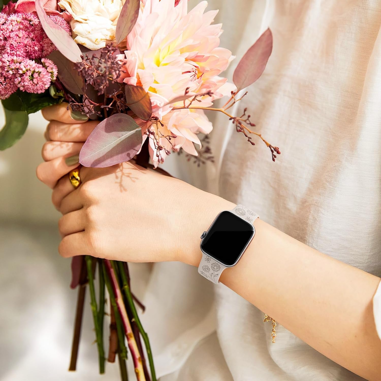 3 Pack Floral Engraved Bands Compatible with Apple Watch Band for Women 38Mm 40Mm 41Mm 42Mm 44Mm 45Mm 49Mm, Cute Flower Laser Pattern Soft Silicone Strap for Iwatch Series Ultra SE 9 8 7 6 5 4 3 2 1