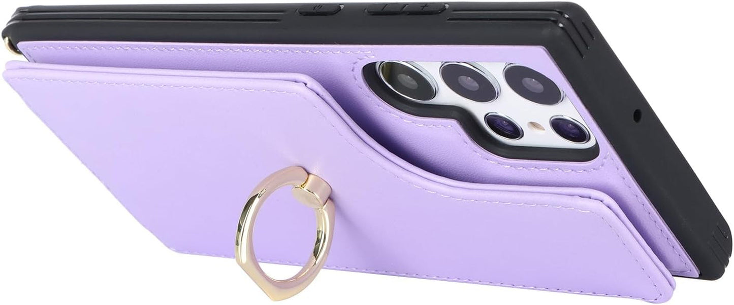 For Samsung Galaxy S22 Ultra Case with Card Holder and Strap for Women,Crossbody Lanyard,Ring Stand,Snap Clasp,Phone Wallet Cases 6.8 Inch(Purple)