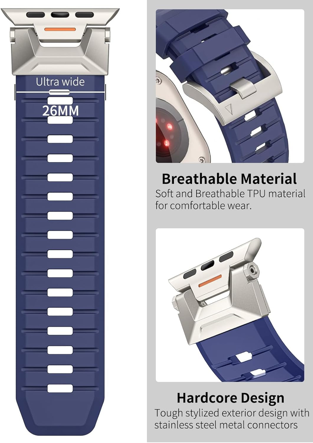 Fluororubber Sport Watch Band Compatible with Apple Watch Ultra 2/Ultra Band 49Mm 45Mm 44Mm 42Mm for Men, Rugged Strap with Stainless Steel Metal Connector for Watch Ultra Series SE 9 8 7 6 5 4 3