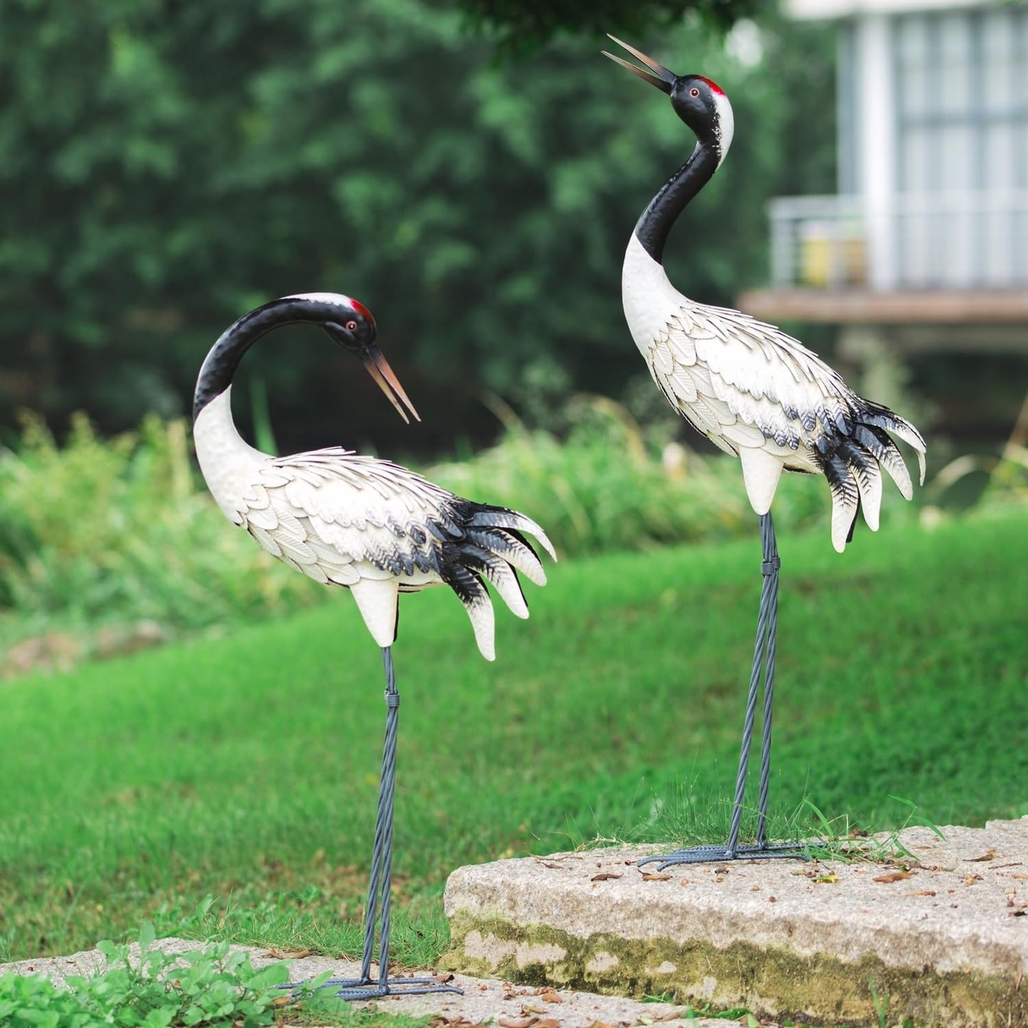 Chisheen Garden Crane Statues Outdoor Heron Red Crowned Crane Metal Yard Art Sculpture,Set of 2  Chisheen   