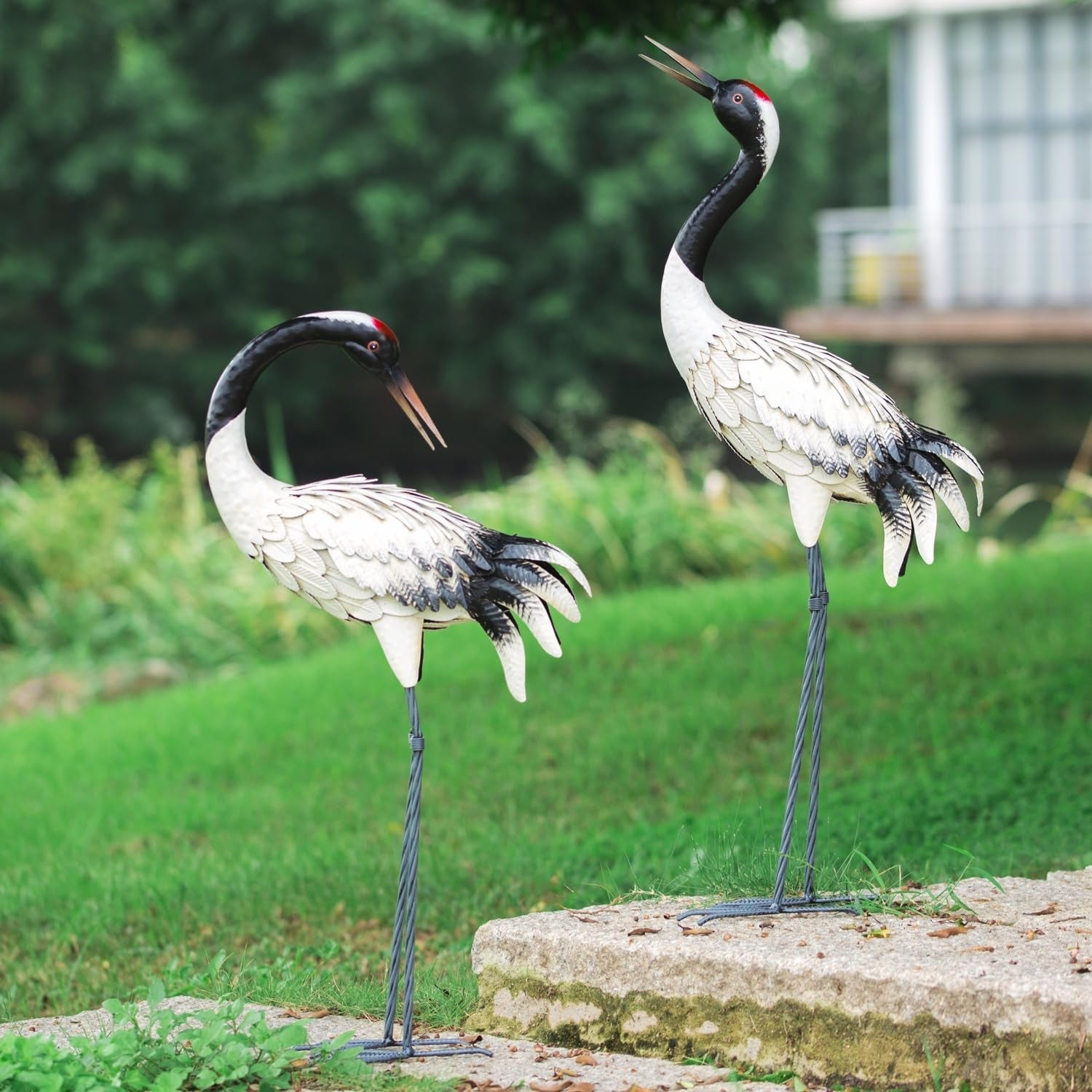 Chisheen Garden Crane Statues Outdoor Heron Red Crowned Crane Metal Yard Art Sculpture,Set of 2  Chisheen   