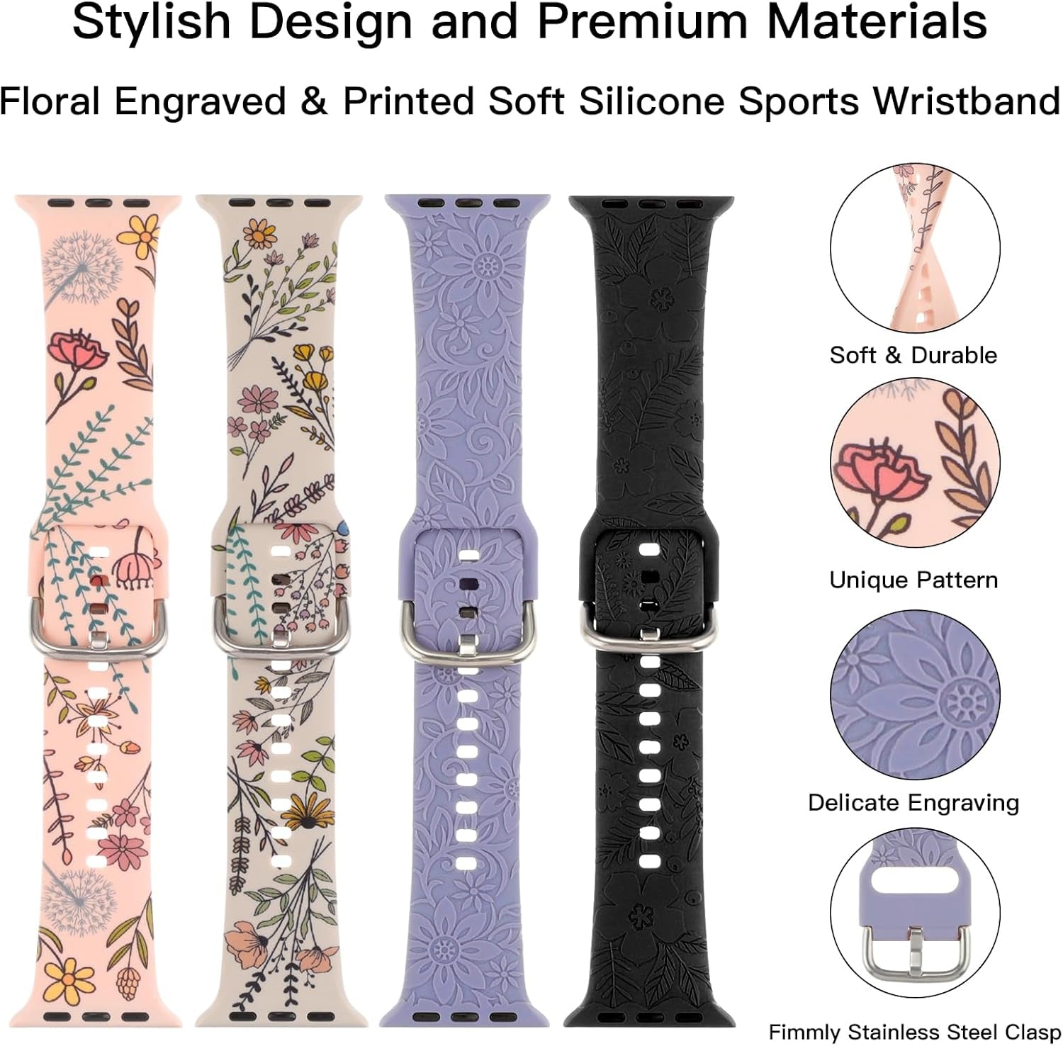 Flower Engraved Print Bands Compatible with Apple Watch Band 40Mm 41Mm 38Mm 42Mm 44Mm 45Mm 49Mm Women, Fancy Soft Silicone Sport Strap for Iwatch Series 9 Ultra 2 SE Ultra 8 7 6 5 4 3 2 1