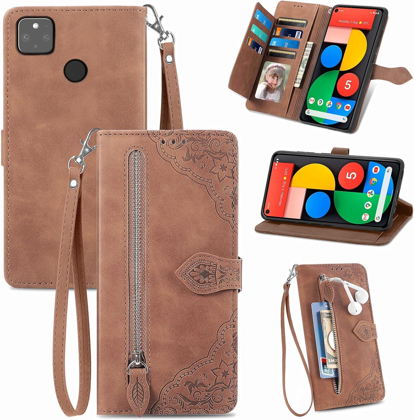 Compatible with Google Pixel 5 Wallet Case with Wrist Strap Lanyard PU Leather Flip Folio Case Card Holder Stand Cell Accessories Phone Cover for Pixel5 5G Pixle Five G5 Women Purple  Furiet Brown  