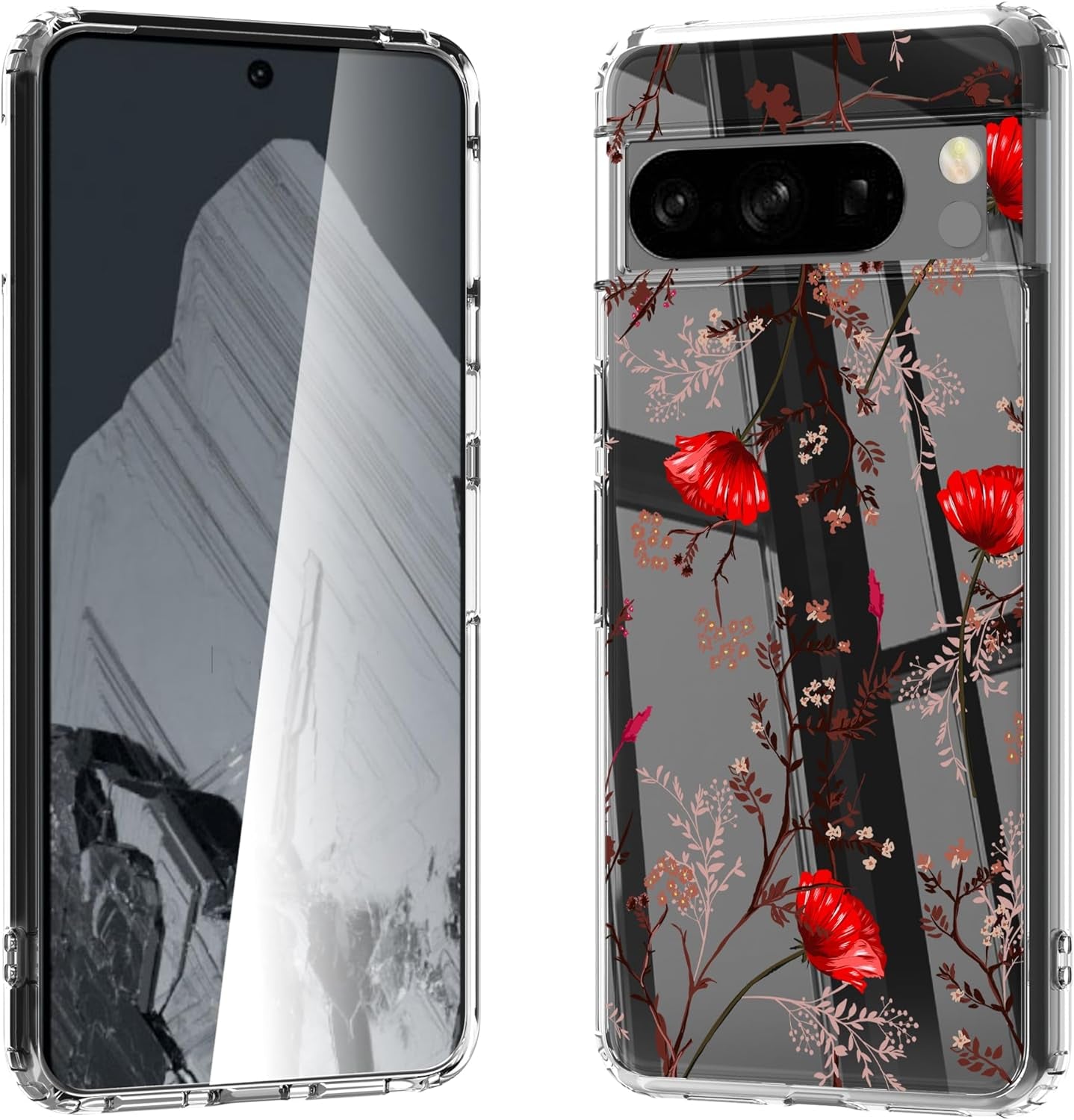 For Google Pixel 8 Clear Case with 3D Flower Printing Design, TPU+PC Slim Shock-Proof Protective Floral Cover for Women Girls, 6.2“ (Pic 5)  YIKECASE B-12 Google Pixel 8 Pro 
