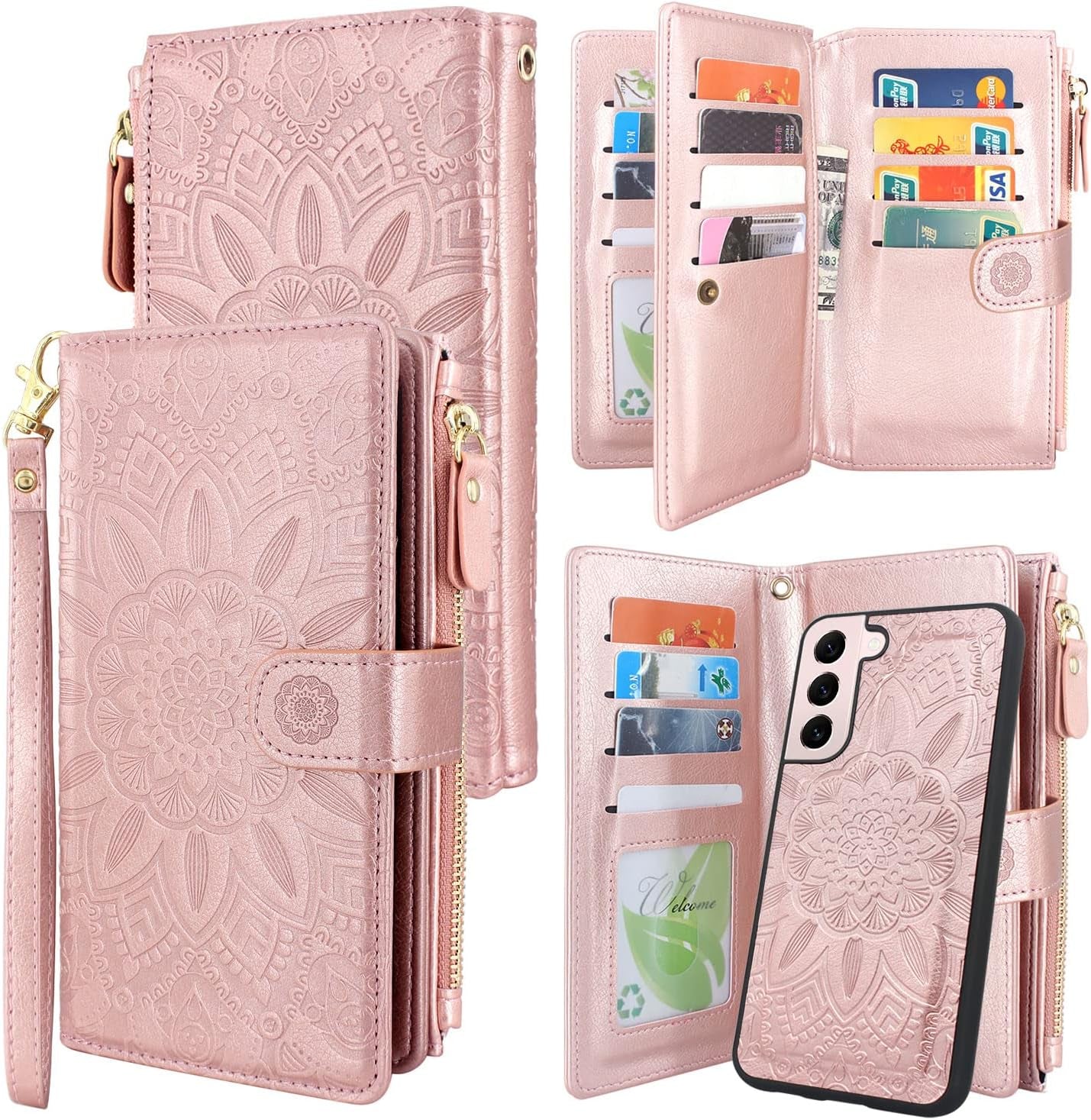 Harryshell Detachable Magnetic Zipper Wallet Leather Case with Cash Coin Pocket 12 Card Slots Holder Wrist Strap Lanyard for Samsung Galaxy S22+ S22 plus 5G 6.6 Inch (2022) Flower (Rose Gold)