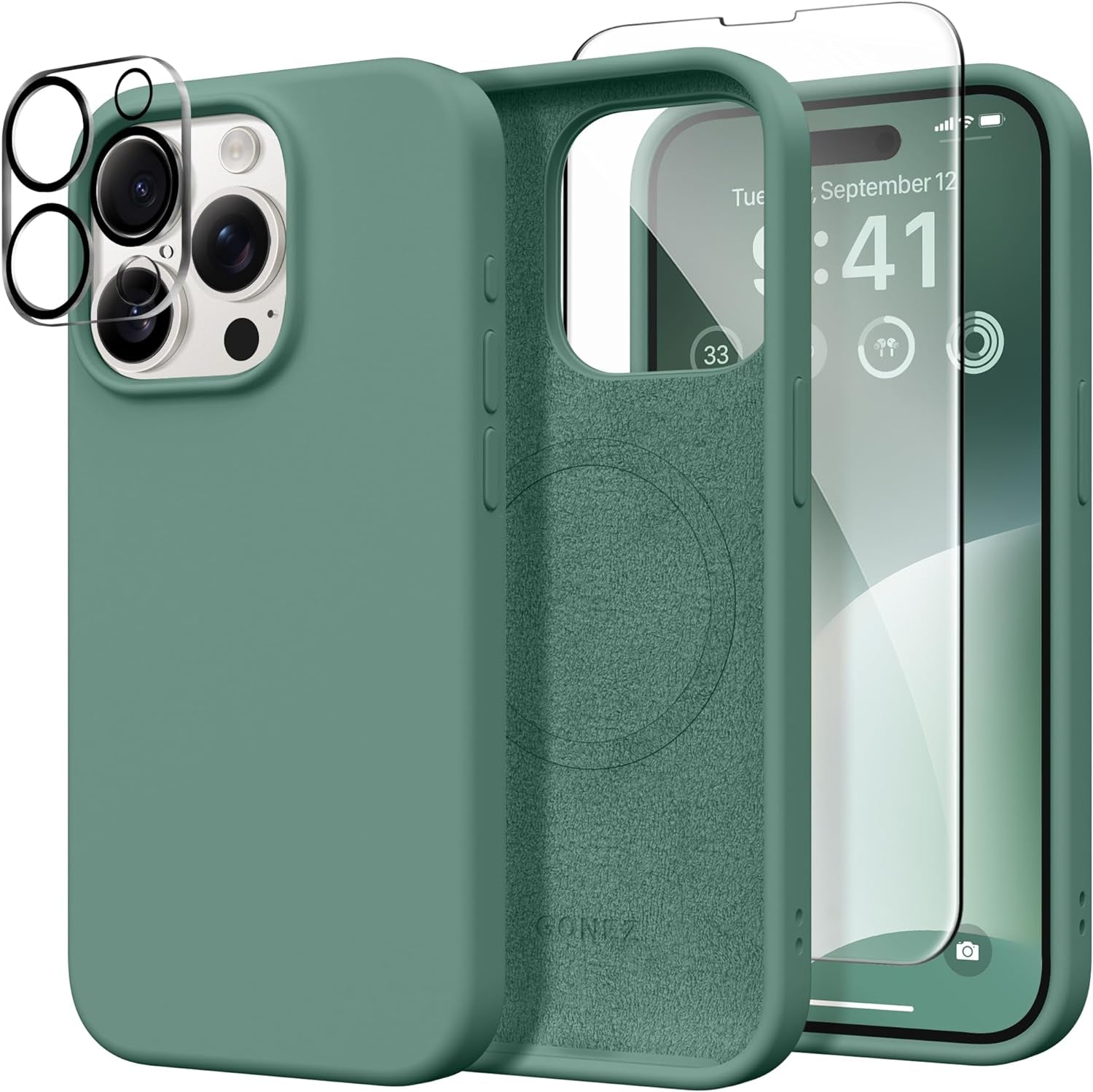 GONEZ for Iphone 15 Pro Case Compatible with Magsafe, [2X Screen Protector + 2X Camera Lens Protector], Soft Silicone Shockproof Anti-Scratch Full Body Protective Phone Case 6.1" 2023, Dark Grey  GONEZ Midnight Green  