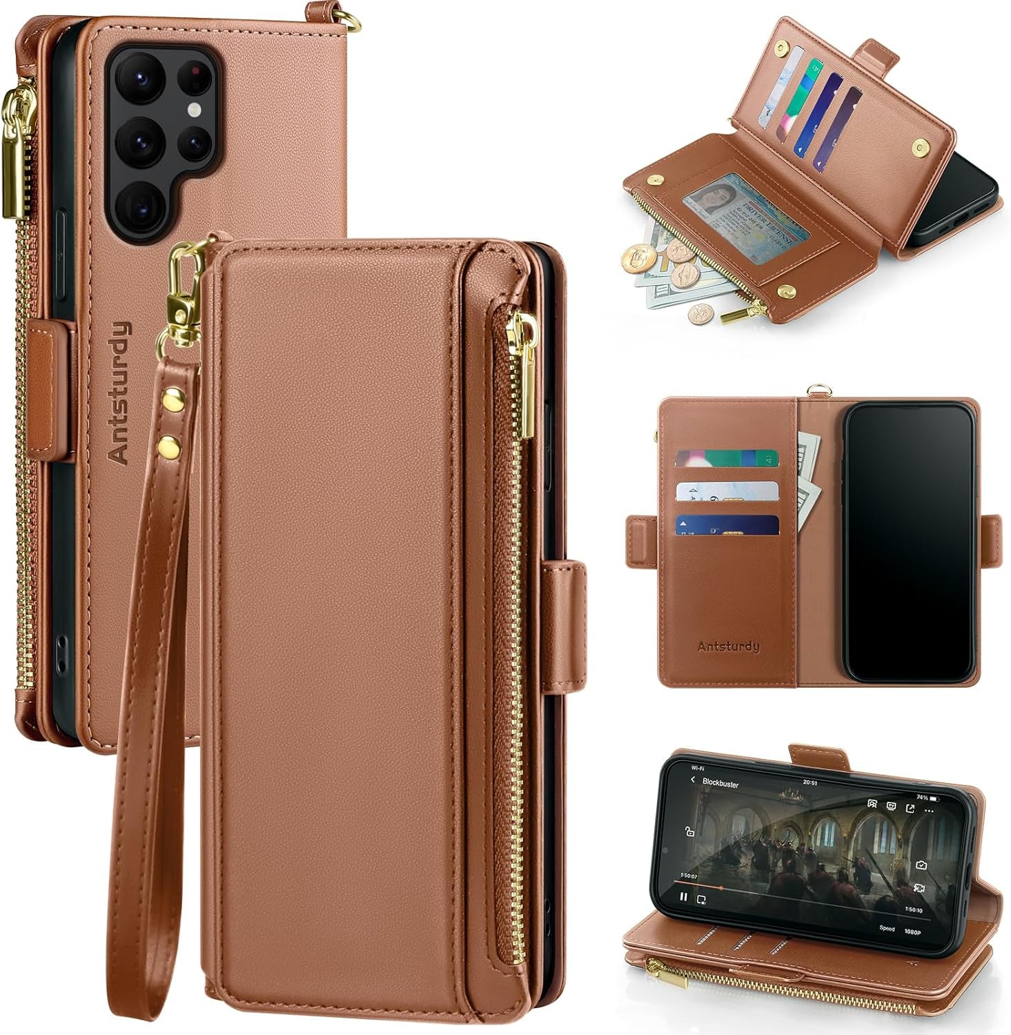 Antsturdy Samsung Galaxy S22 Ultra Wallet with Card Holder for Women Men,Galaxy S22 Ultra 5G Phone Case RFID Blocking PU Leather Flip Shockproof Cover with Strap Zipper Credit Card Slots,Dark Blue