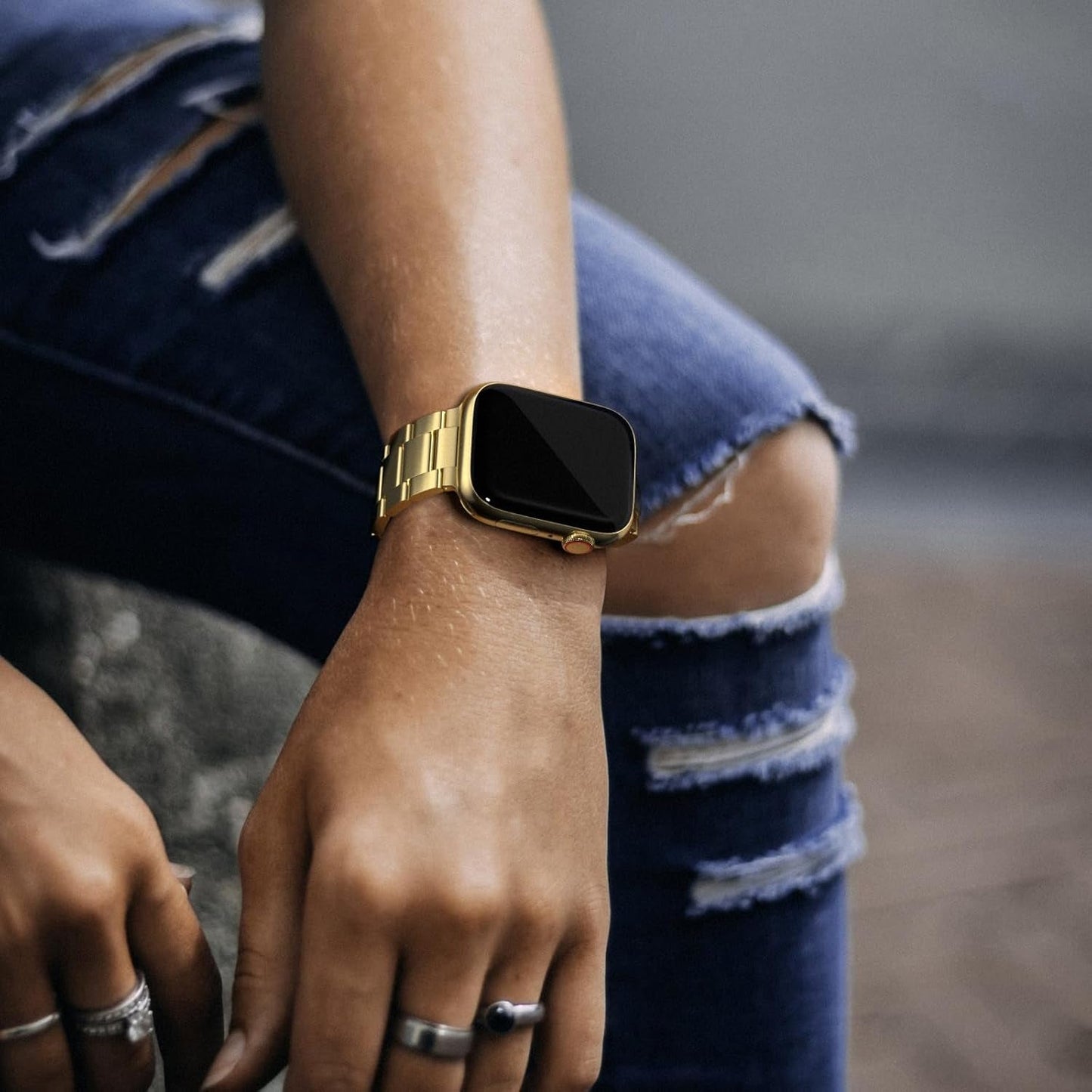 Finestone Metal Band for Apple Watch - No Tool Needed Apple Watch Stainless Steel Band Compatible with Apple Watch 41Mm 40Mm 38Mm - Magnetic Clasp Strap for Iwatch Series 9/8/7/6/5/4/3/2/1 SE Gold