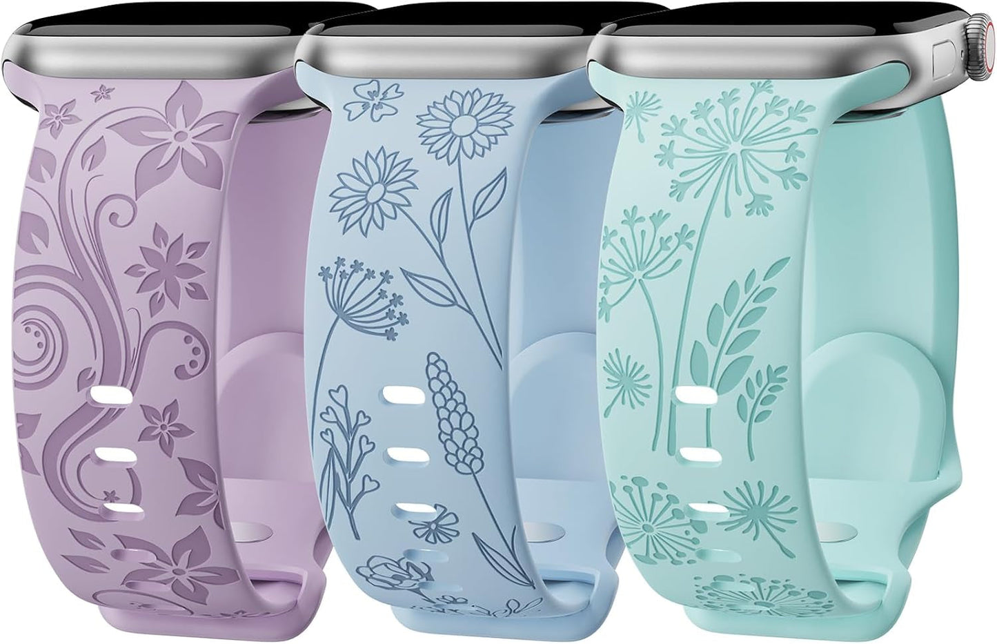 3 Pack Floral Engraved Bands Compatible with Apple Watch Band for Women 38Mm 40Mm 41Mm 42Mm 44Mm 45Mm 49Mm, Cute Flower Laser Pattern Soft Silicone Strap for Iwatch Series Ultra SE 9 8 7 6 5 4 3 2 1