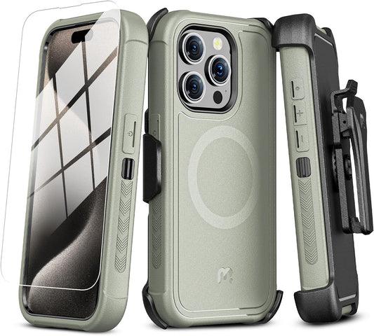 MYBAT PRO Maverick Iphone 15 Pro Case with Belt Clip Holster,Compatible with Magsafe W/Screen Protector,Anti-Drop,Shockproof,With 360°Rotating Kickstand,Heavy Duty Protection Natural Titanium  Valor Communication, Inc.   
