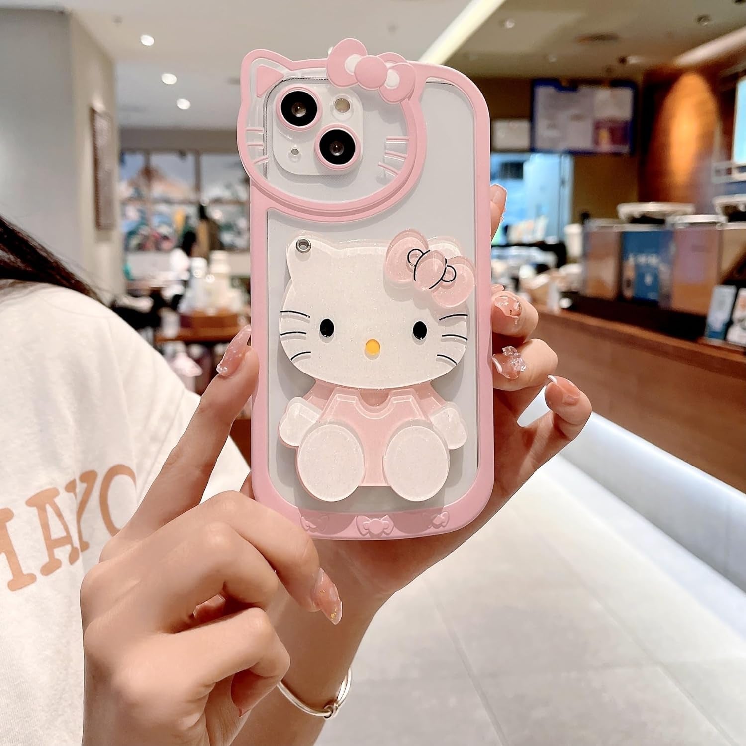 Olntun for Iphone 15 Pro Max Cute Cartoon Cat Case,3D Bow Kawaii Face Makeup Mirror Women Girls Kids Soft TPU Clear Protective Phone Cover Pink  Olntun   