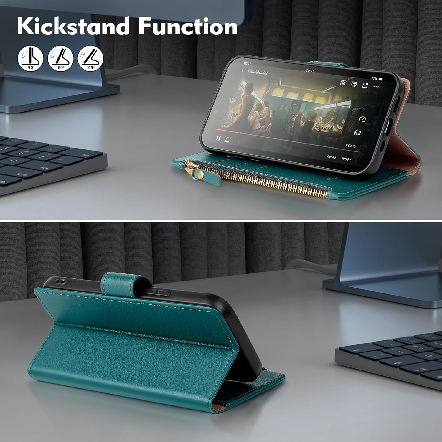 For Samsung Galaxy S22 Wallet Case,Galaxy S22 Phone Case PU Leather Flip Folio Protective Cover Wrist Strap Zipper Pocket Credit Card Slots Holder RFID Blocking,For Women Men,Blue Green