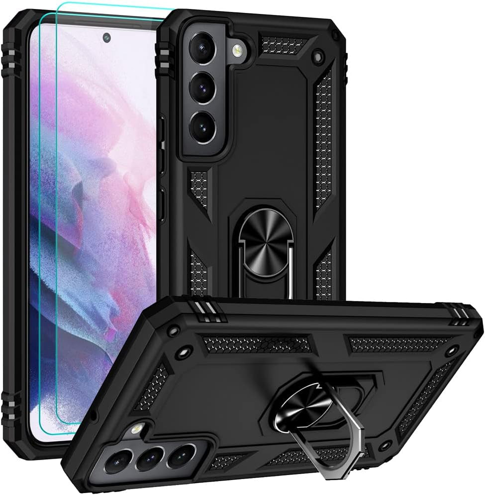 For Samsung S22 Case, Galaxy S22 Case with HD Screen Protectors, Military-Grade Metal Ring Holder Kickstand 15Ft Drop Tested Shockproof Cover Case for Samsung Galaxy S22 Black