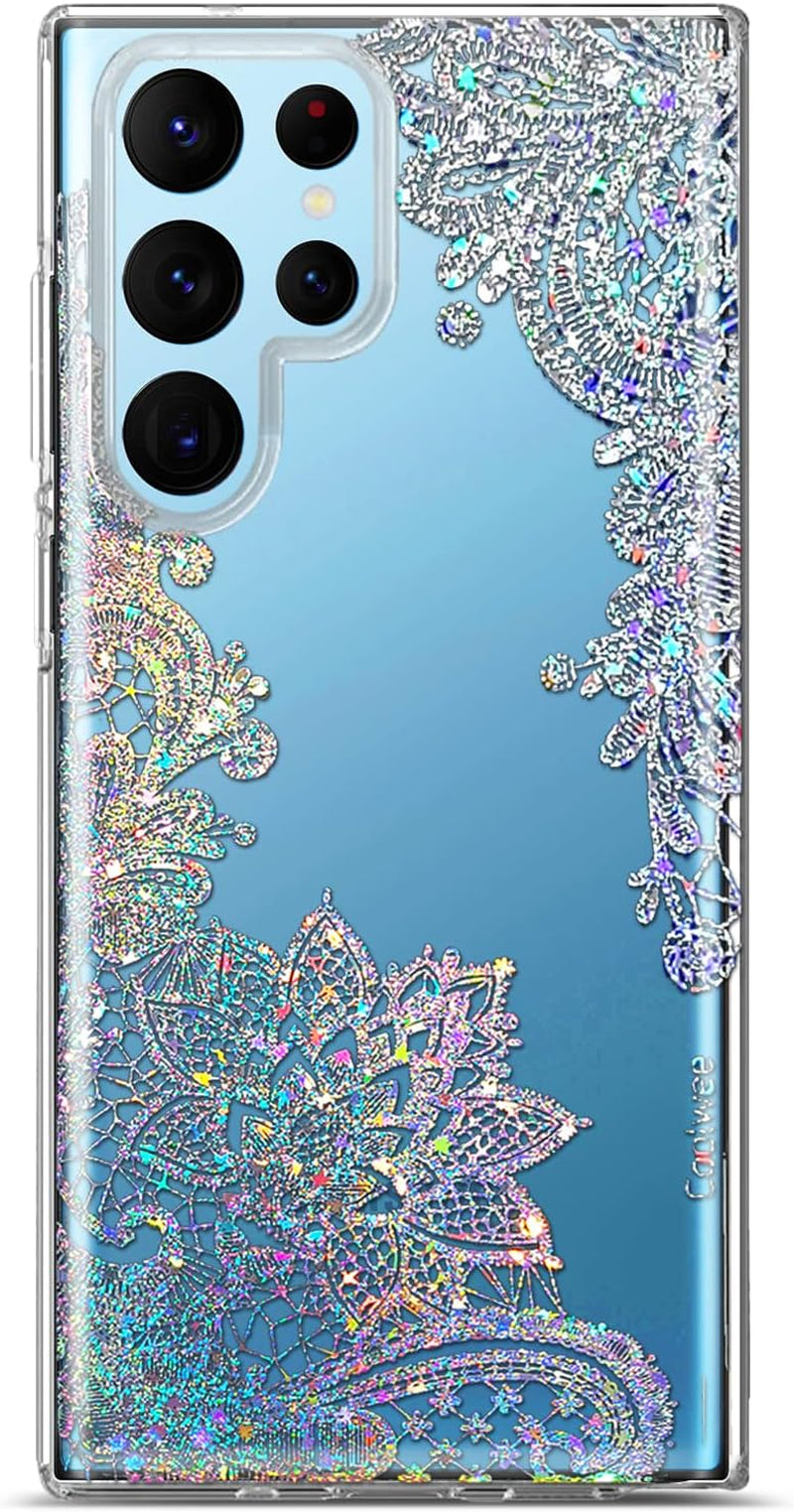 Coolwee Clear Glitter for Galaxy S22 Ultra - 6.8" Thin Flower Slim Cute Crystal Lace Bling Women Girl Floral Plastic Hard Back Soft TPU Bumper Protective Cover for Samsung S22 Ultra Mandala Henna