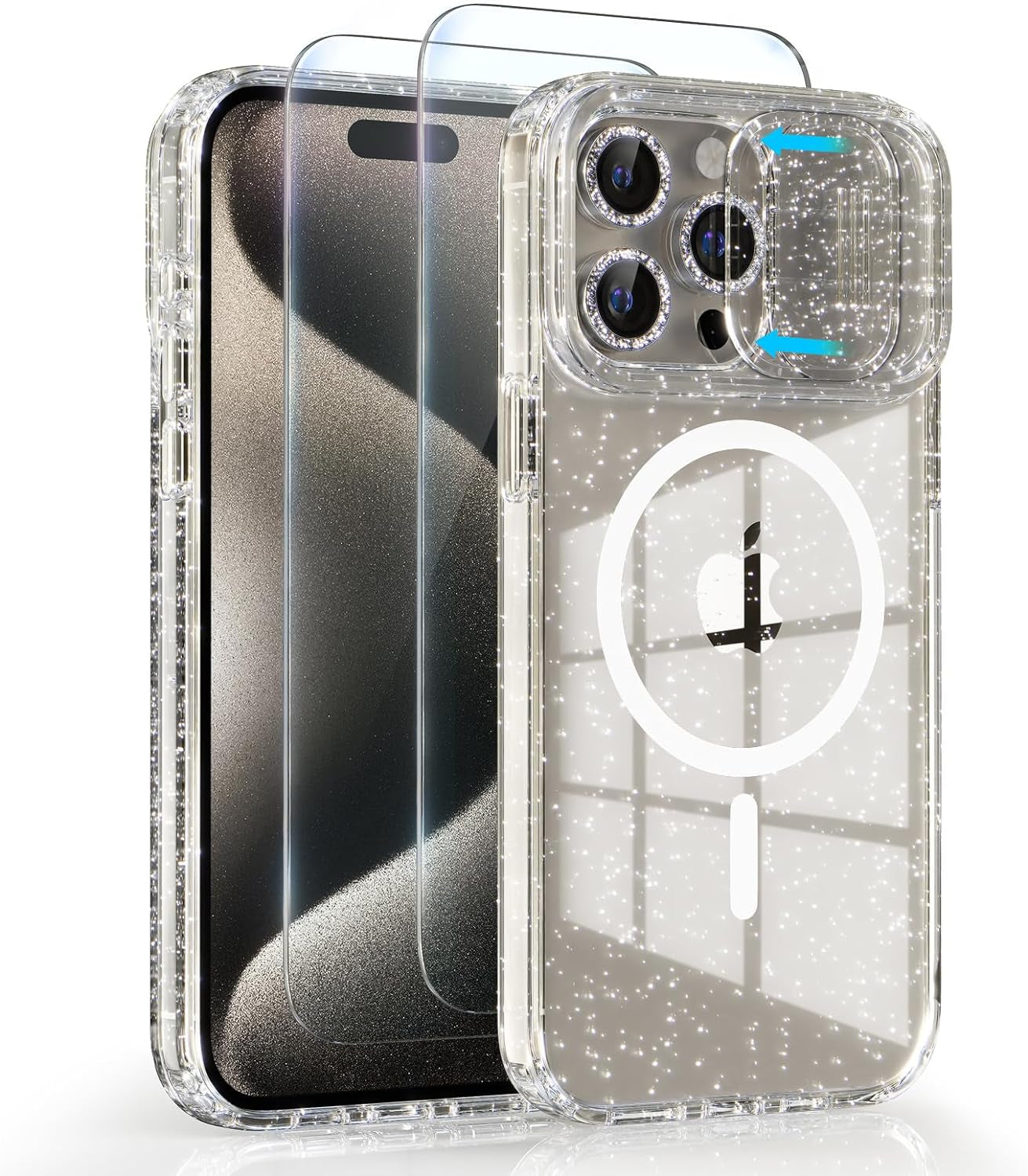 Choiche Magnetic Case for Iphone 15 Pro Case, Women Clear Glitter Sparkly Case, [Slide Camera Cover & 3 Diamond Camera Lens Protectors & 2 Screen Protectors] [Compatible Magsafe] (Glitter Clear)  Choiche   