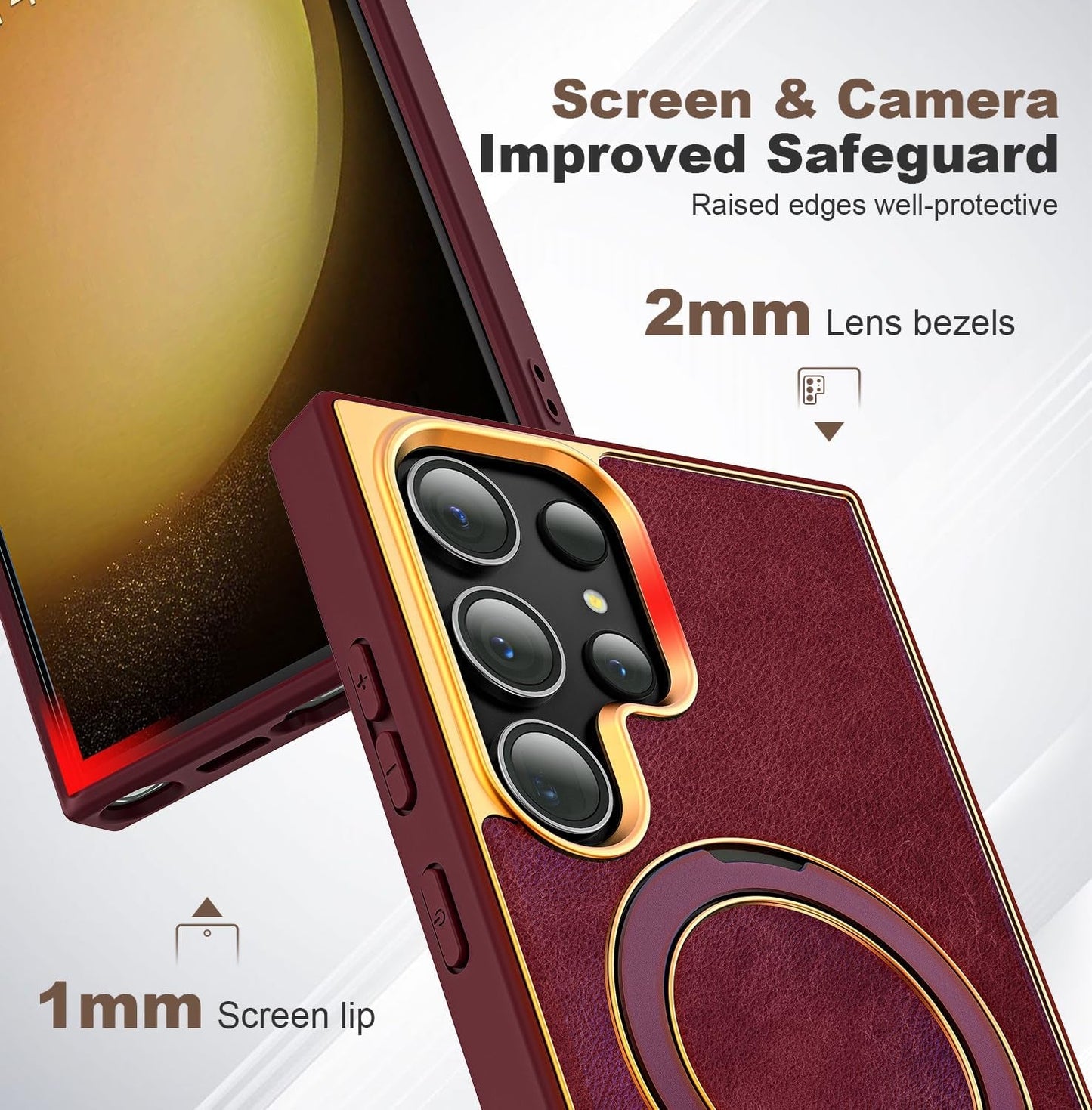 Designed for Samsung Galaxy S22 plus Case with Magnetic O-Ring Stand Leather Luxury Business Phone Cases for S22 plus 6.6" Compatible with Magsafe [Military Grade Protection],Red